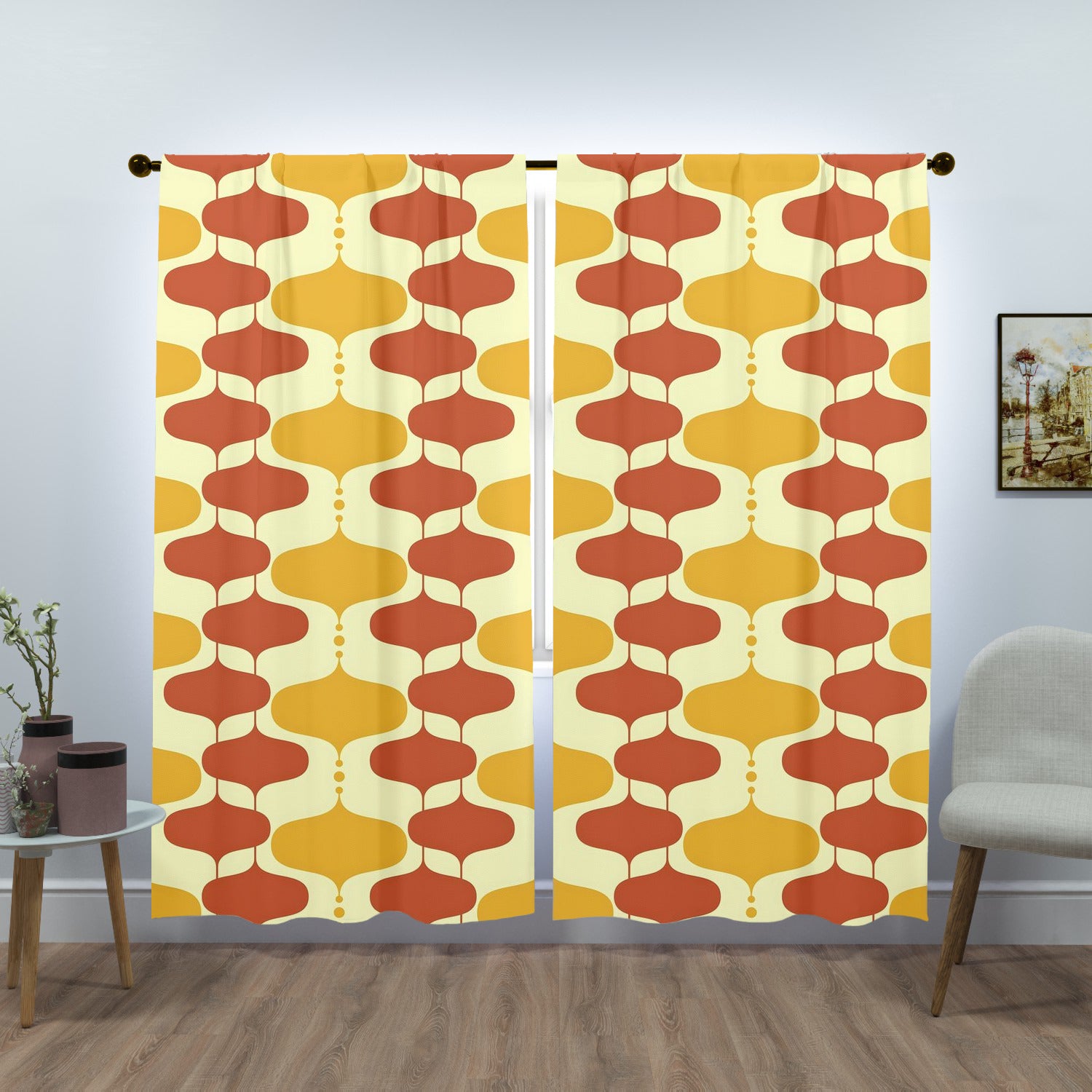Mid Century Modern Mustard Yellow, Burnt Orange, Googie Designed Window Curtains (two panels) - Mid Century Modern Gal