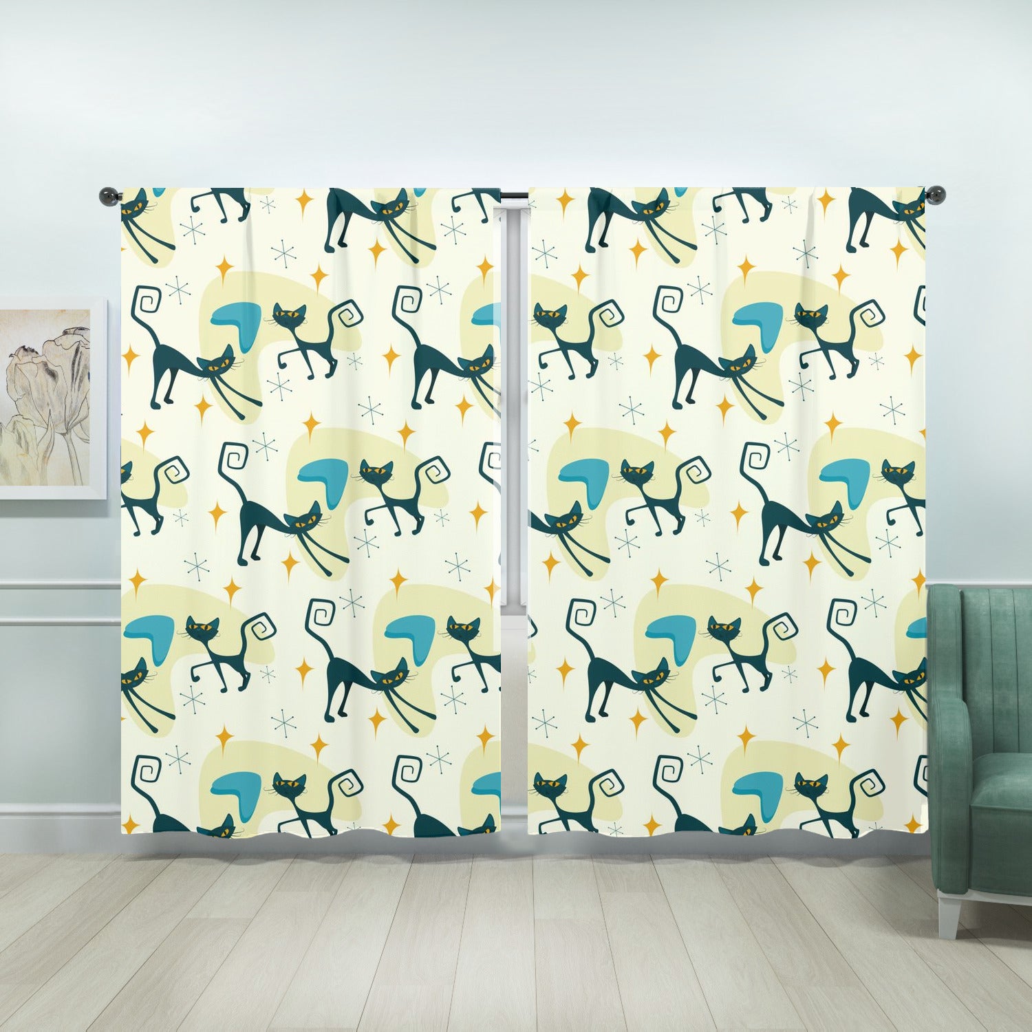 Atomic Cat Mid Century Modern Window Curtains (two panels) - Mid Century Modern Gal
