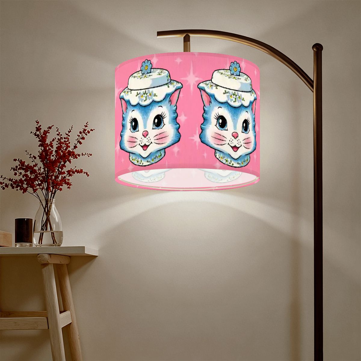 Mid Century Modern Kitschy Anthropomorphic Blue Cat with Floral Hat Lamp SHADE ONLY - For Arc Floor Lamps Only