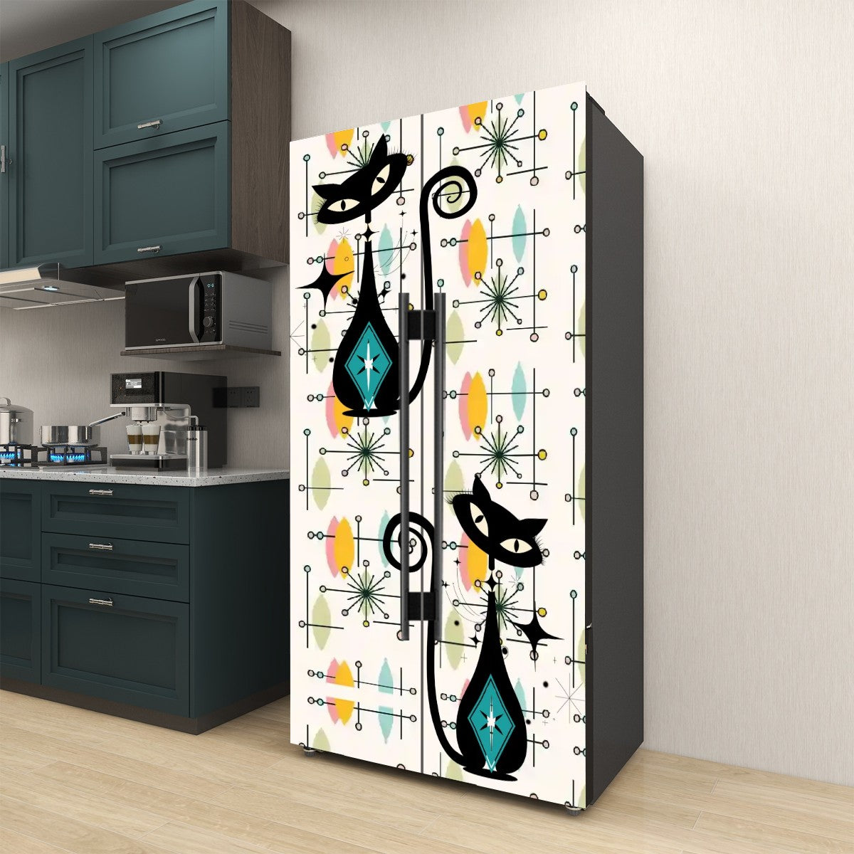 Atomic Cat Mid Century Modern Starburst, Retro Mod Self Adhesive Refrigerator Wrap Set - Mid Century Modern Gal