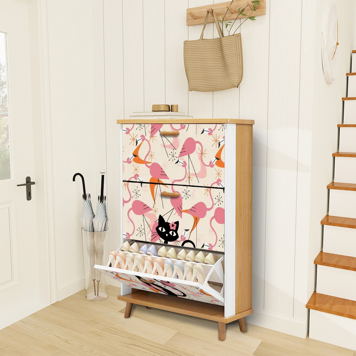Mid Century Modern Flamingos, Atomic Cat Kitschy Mod Shoe Storage Cabinet - Mid Century Modern Gal