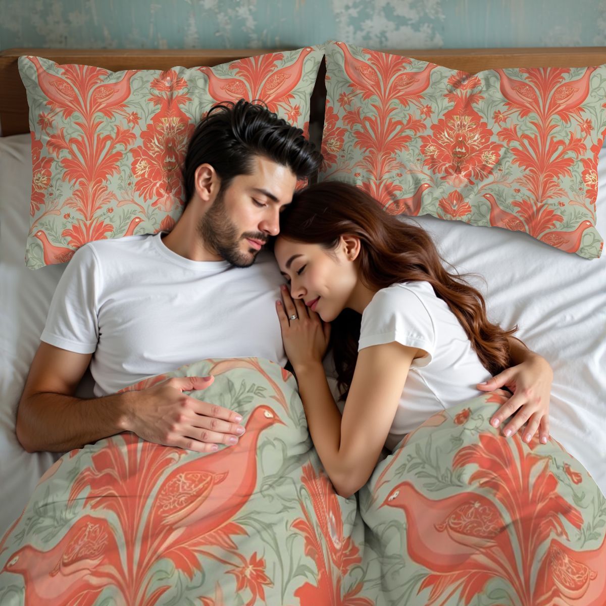 Chinoiserie Coral, Green Floral Botanicals Exotic Bird Queen Duvet Cover Set - Mid Century Modern Gal