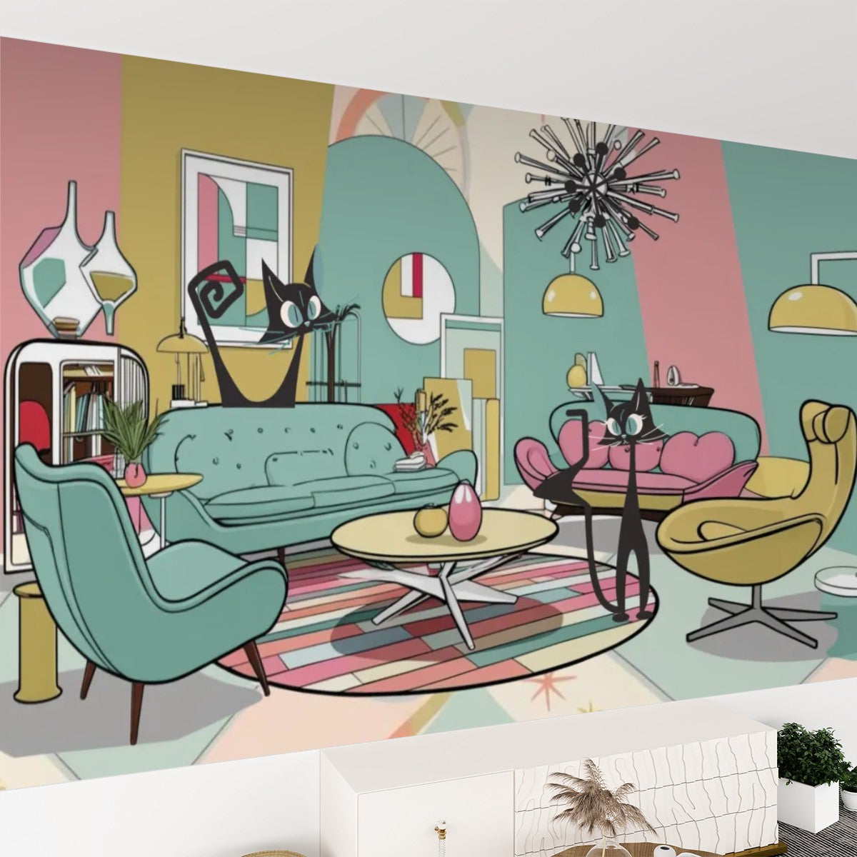 Mid Century Modern Peel And Stick Kitschy Mod Lounging Cats Canvas Self Adhesive Wallpaper - Mid Century Modern Gal