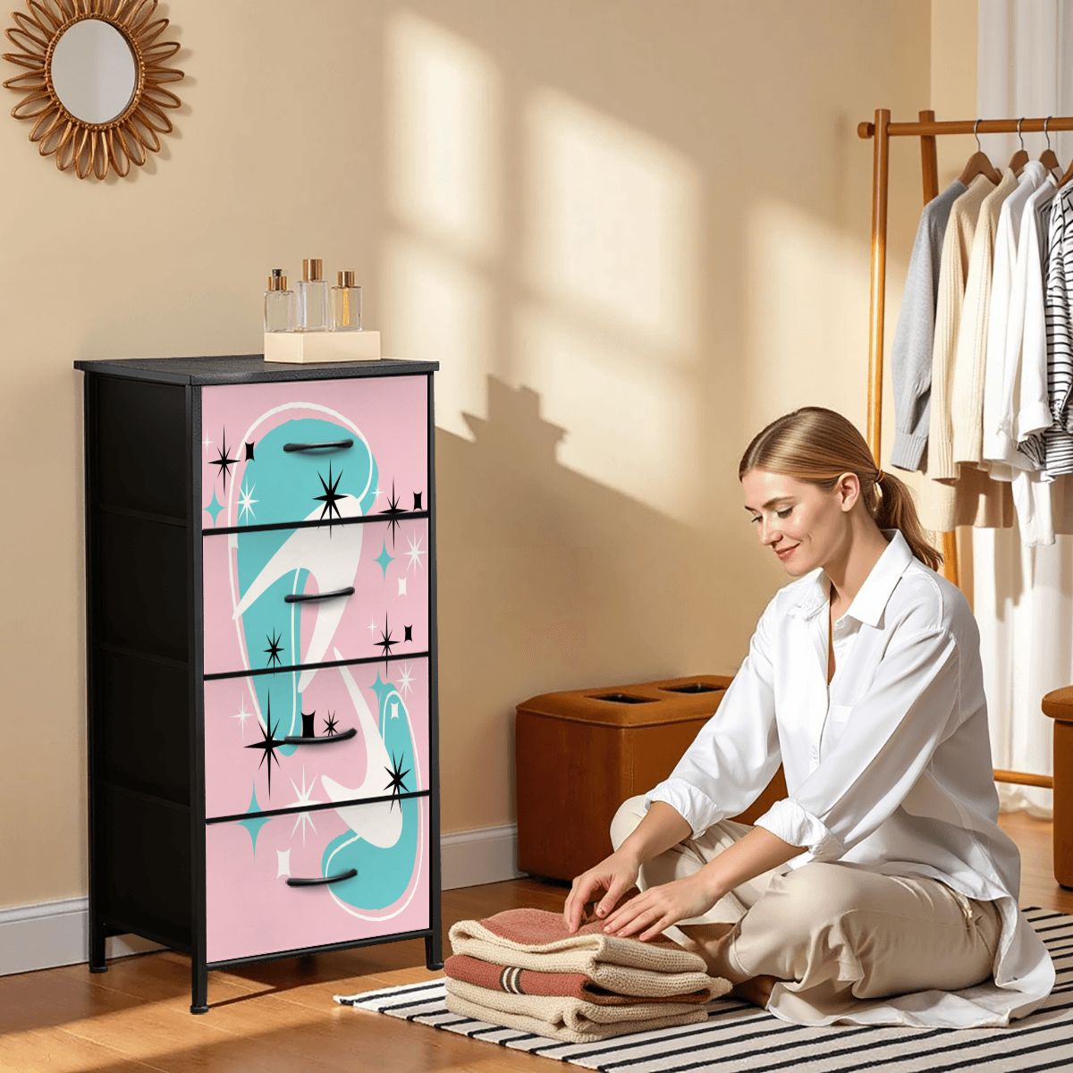 Atomic Starbursts and Boomerangs, Pink Aqua White Mid Century Modern 4-Drawer Dresser - Mid Century Modern Gal