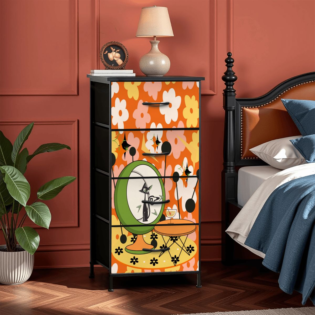 Retro Groovy Cat, Flower Power 70s Vibe, Kitschy Mid Mod 4-Drawer Dresser - Mid Century Modern Gal