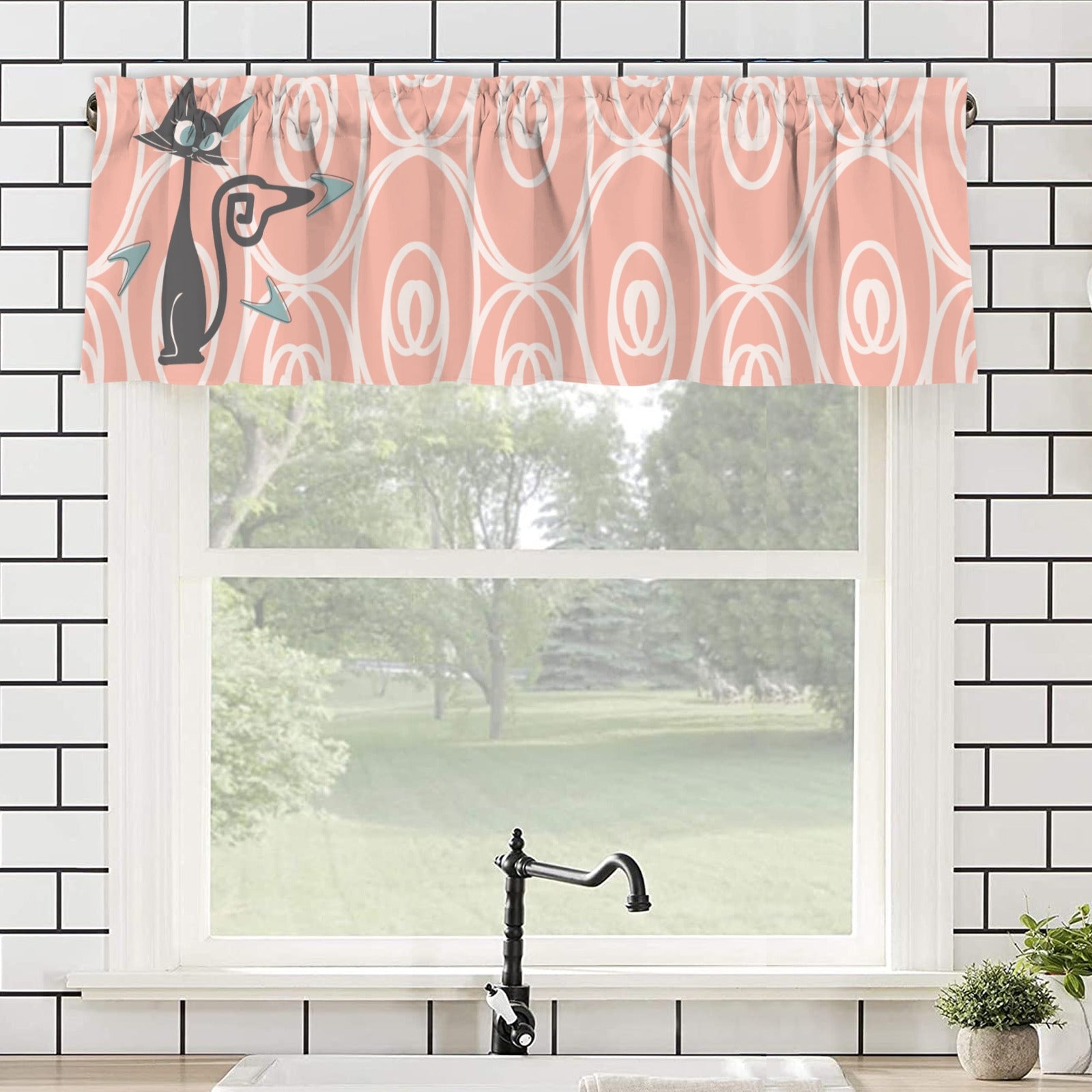 Atomic Kitschy Cat Coral Mid Mod Kitchen Window Valance - Mid Century Modern Gal