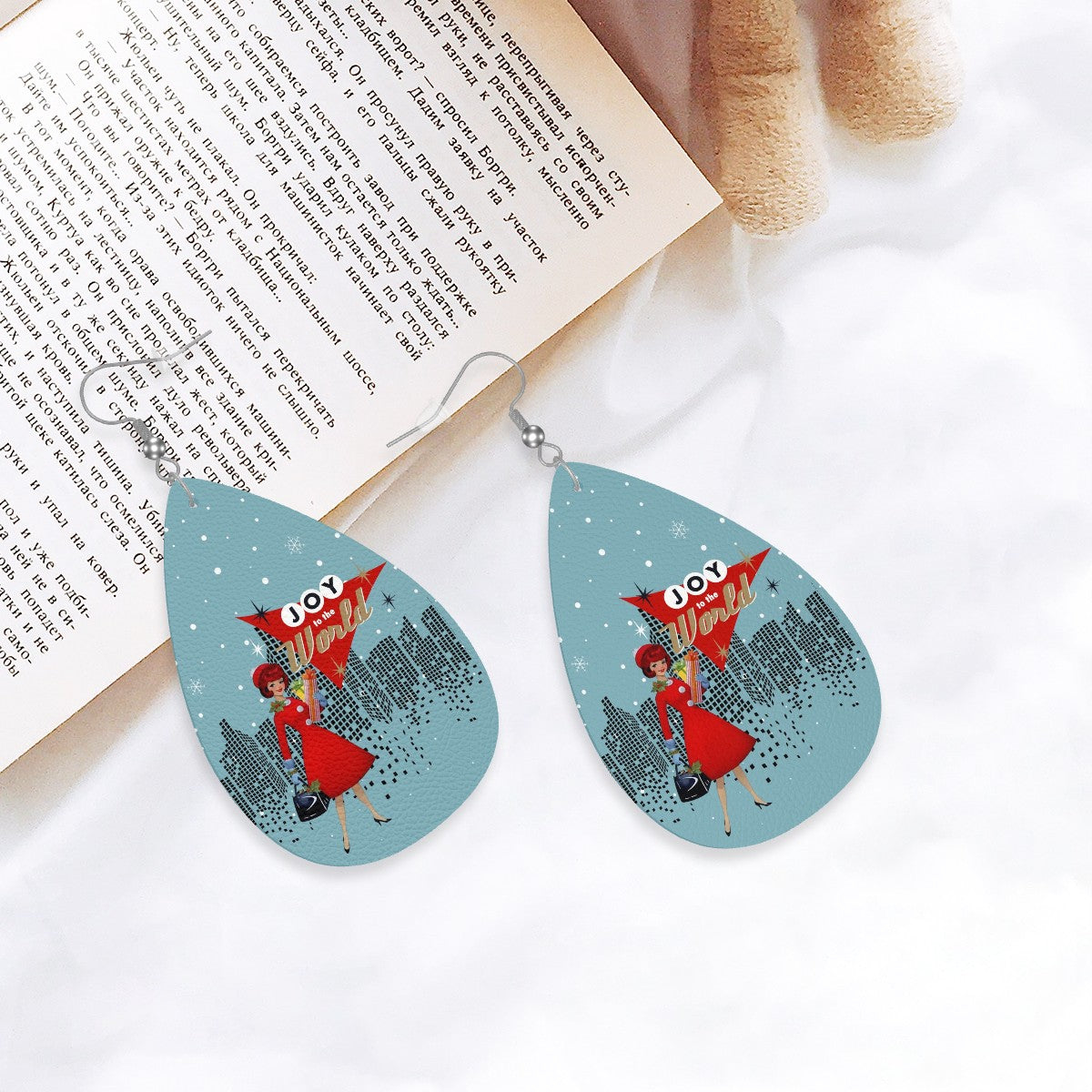 Mid Century Modern Christmas City Mod Gal Joy To The World Faux Leather Teardrop Earrings - Mid Century Modern Gal