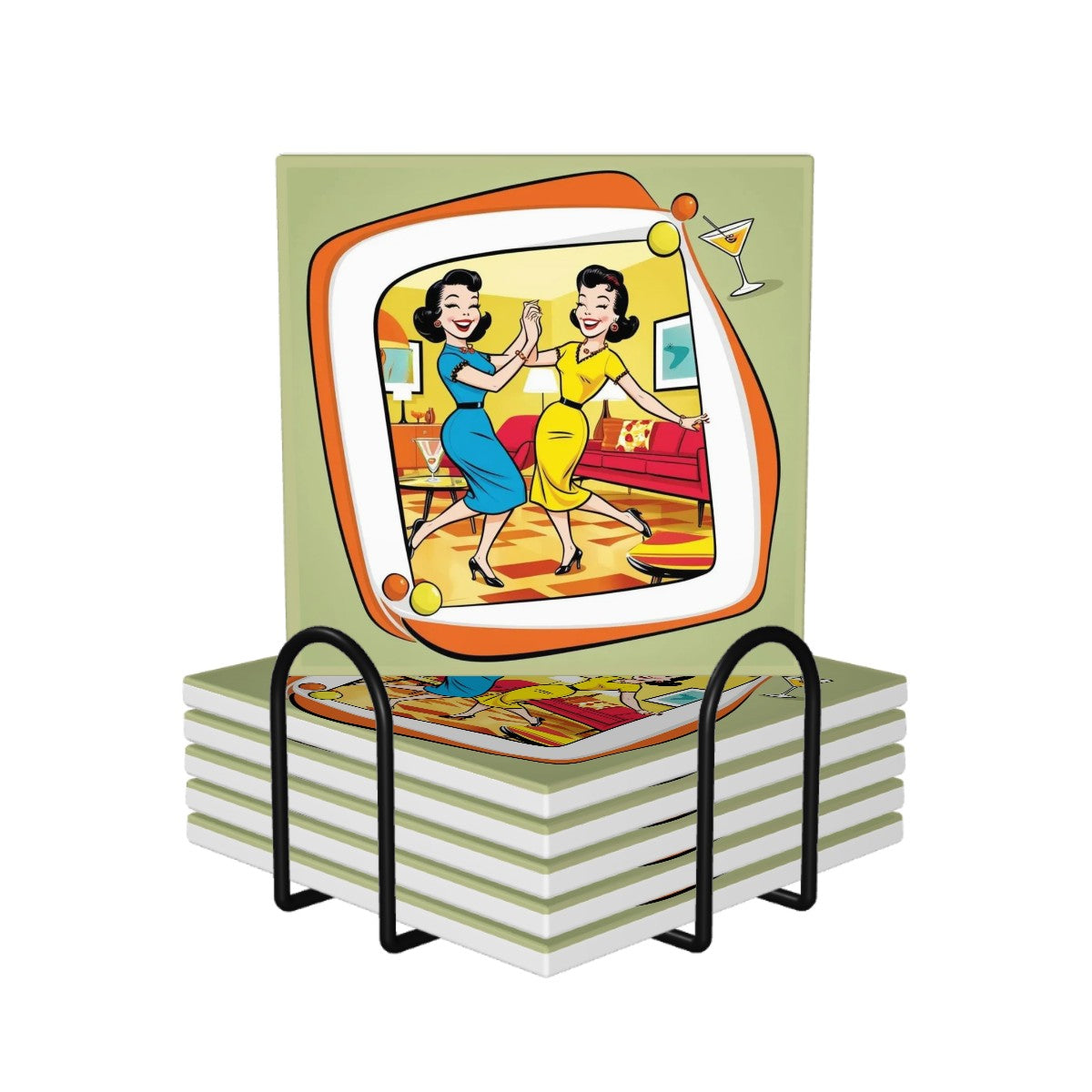 Mid Century Modern Barware Kitschy Mod Gals Cocktail Ceramic Coasters - Mid Century Modern Gal