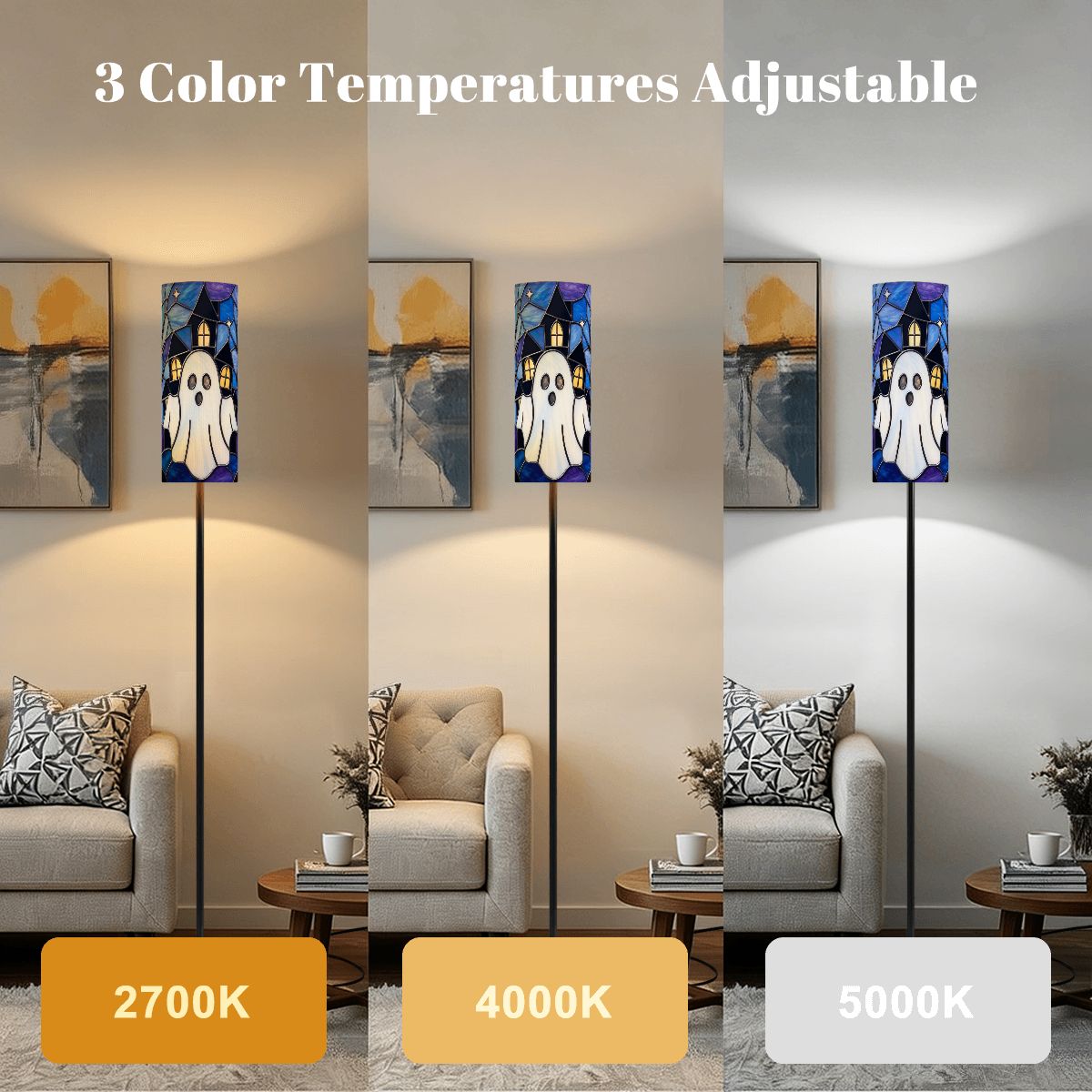 Halloween Stained Glass Style Ghost Haunted House Slim Floor Lamp