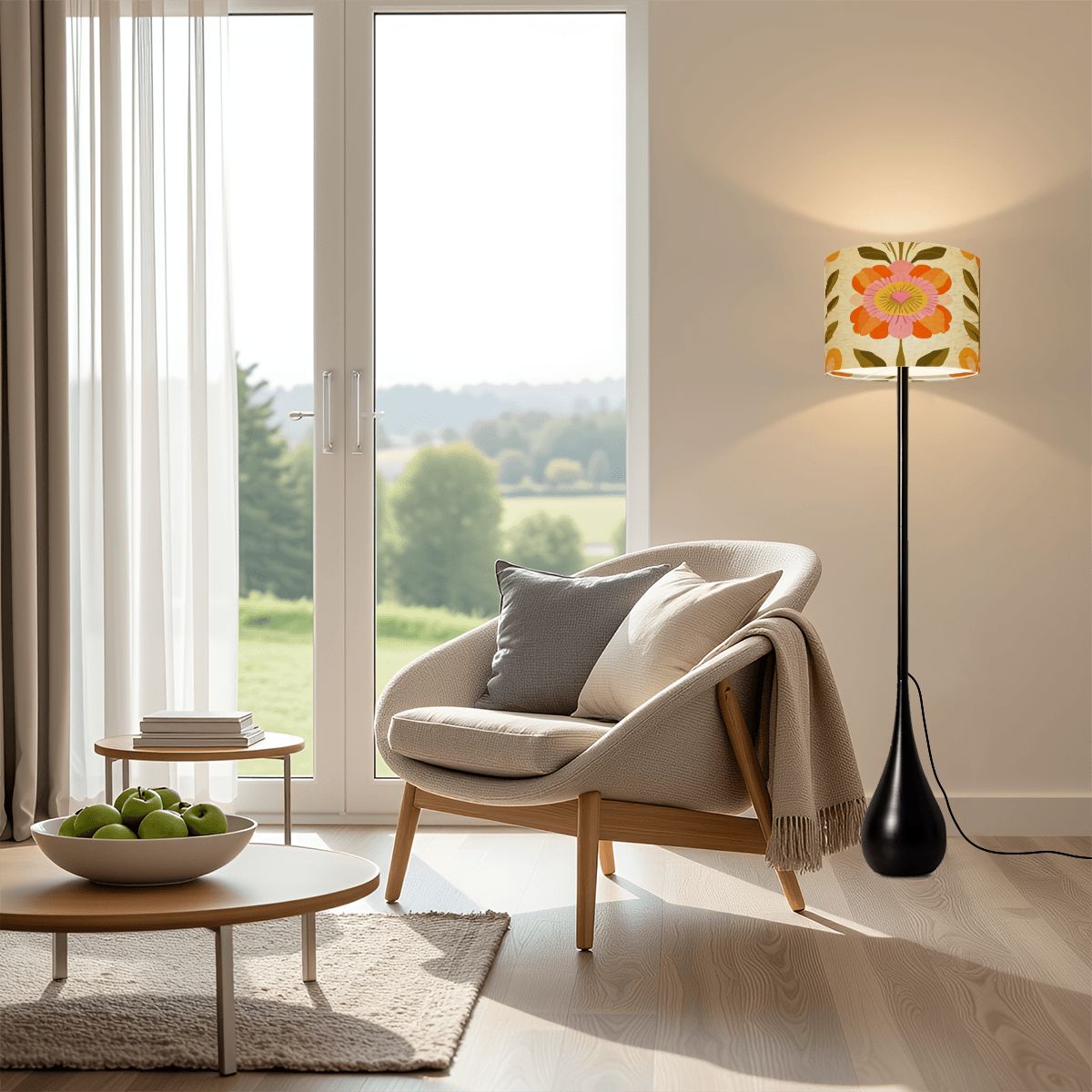 Mid Century Modern Scandinavian Orange Green Floral Teardrop Shaped Floor Lamp - Mid Century Modern Gal