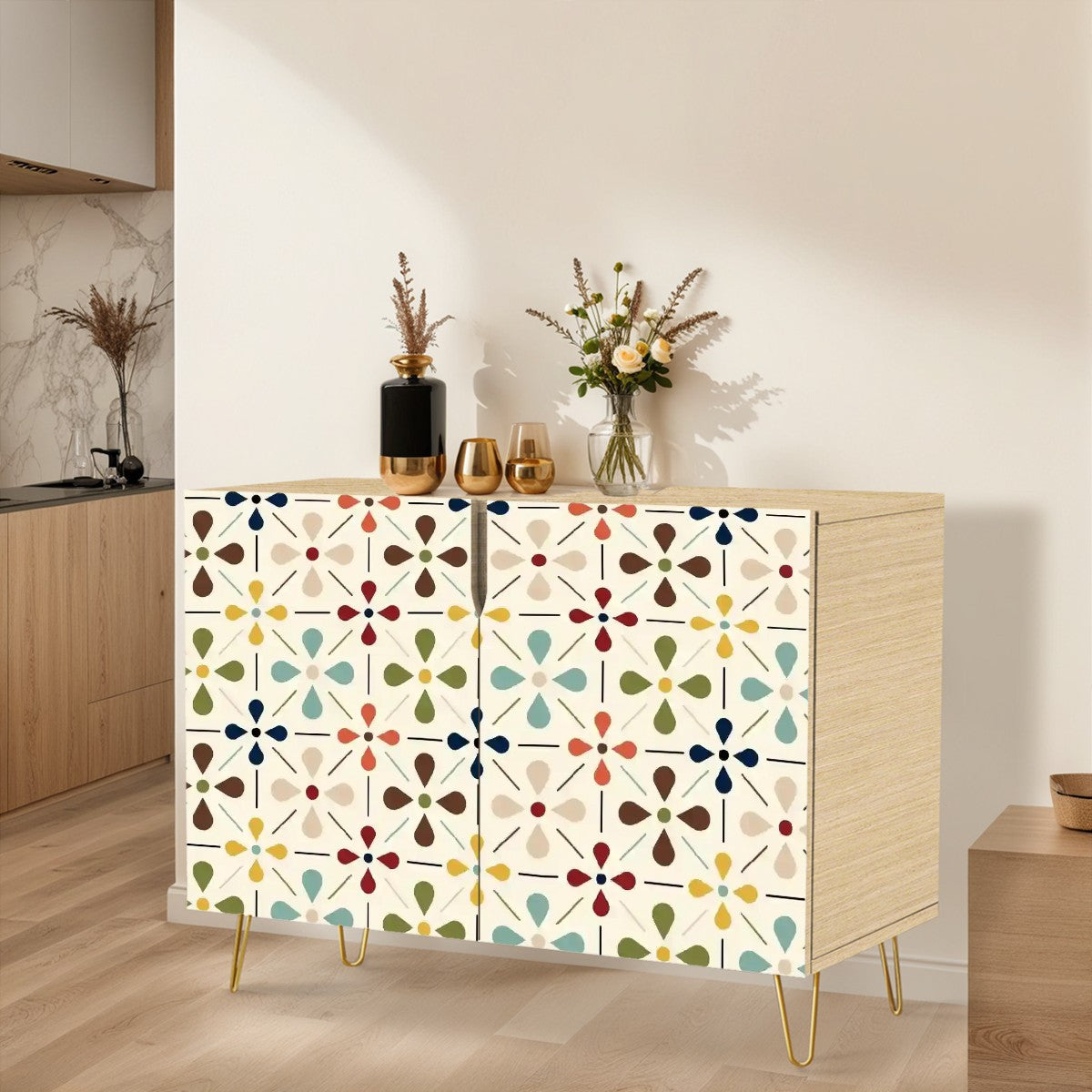 Mid Century Modern Wooden Storage Cabinet With Scandinavian Flower Design - Mid Century Modern Gal