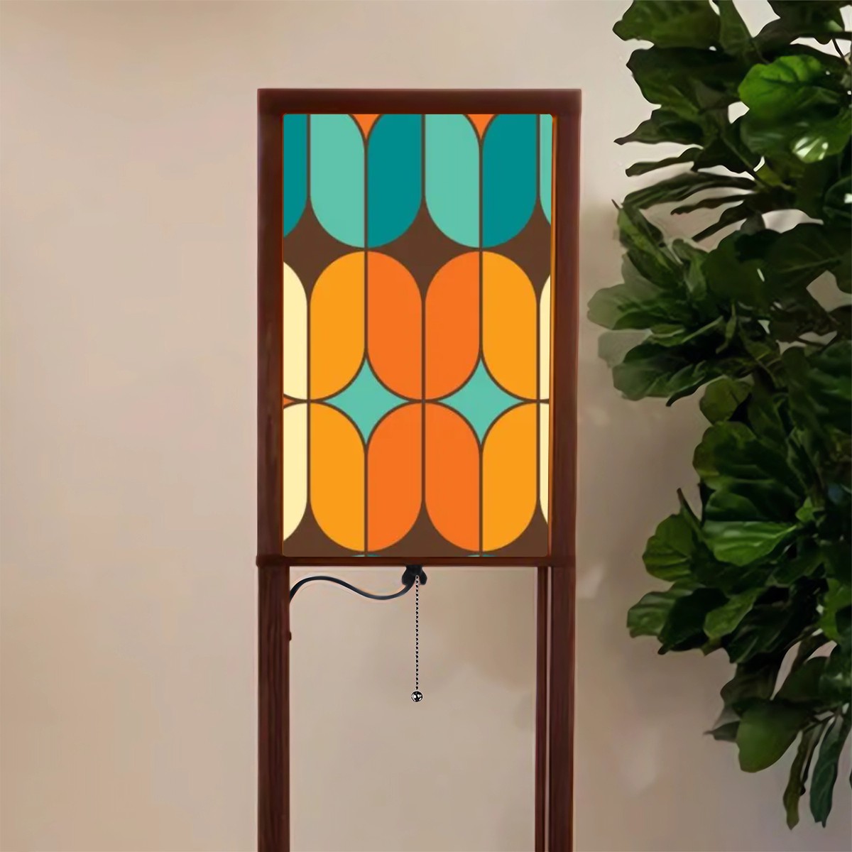 Mid Century Modern Orange Teal Geometric Pattern Floor Lamp with Shelves - Mid Century Modern Gal