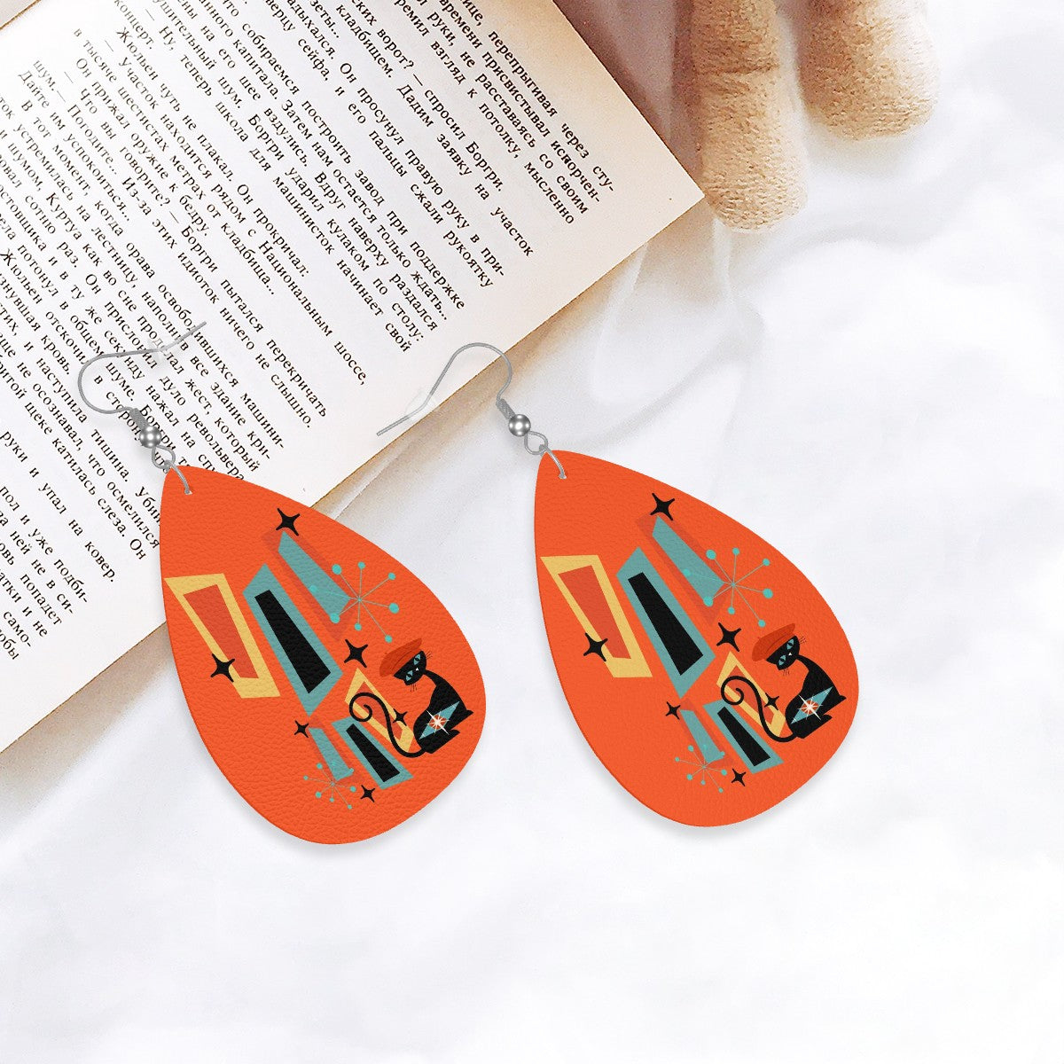 Atomic Cat Earrings, Mid Mod Orange Retro Geometric Designed Faux Leather Teardrop Earrings - Mid Century Modern Gal