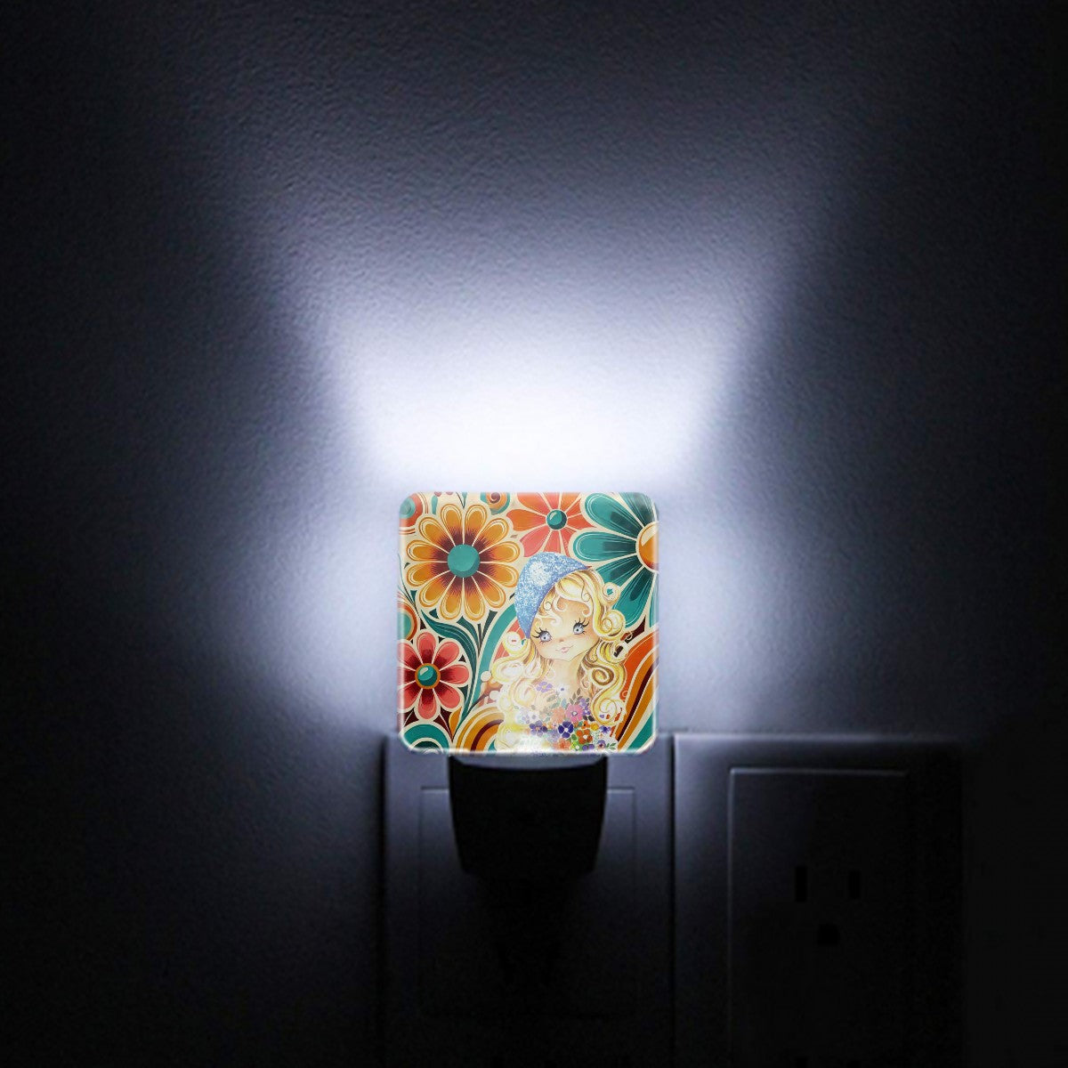 Retro 70s Flower Power Big Eyed Girl LED Night Light Set of 2 - Mid Century Modern Gal