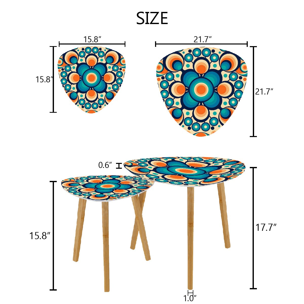 Groovy Mid Mod Nesting Tables, Blue, Orange Orbs Mod Table Set - Mid Century Modern Gal