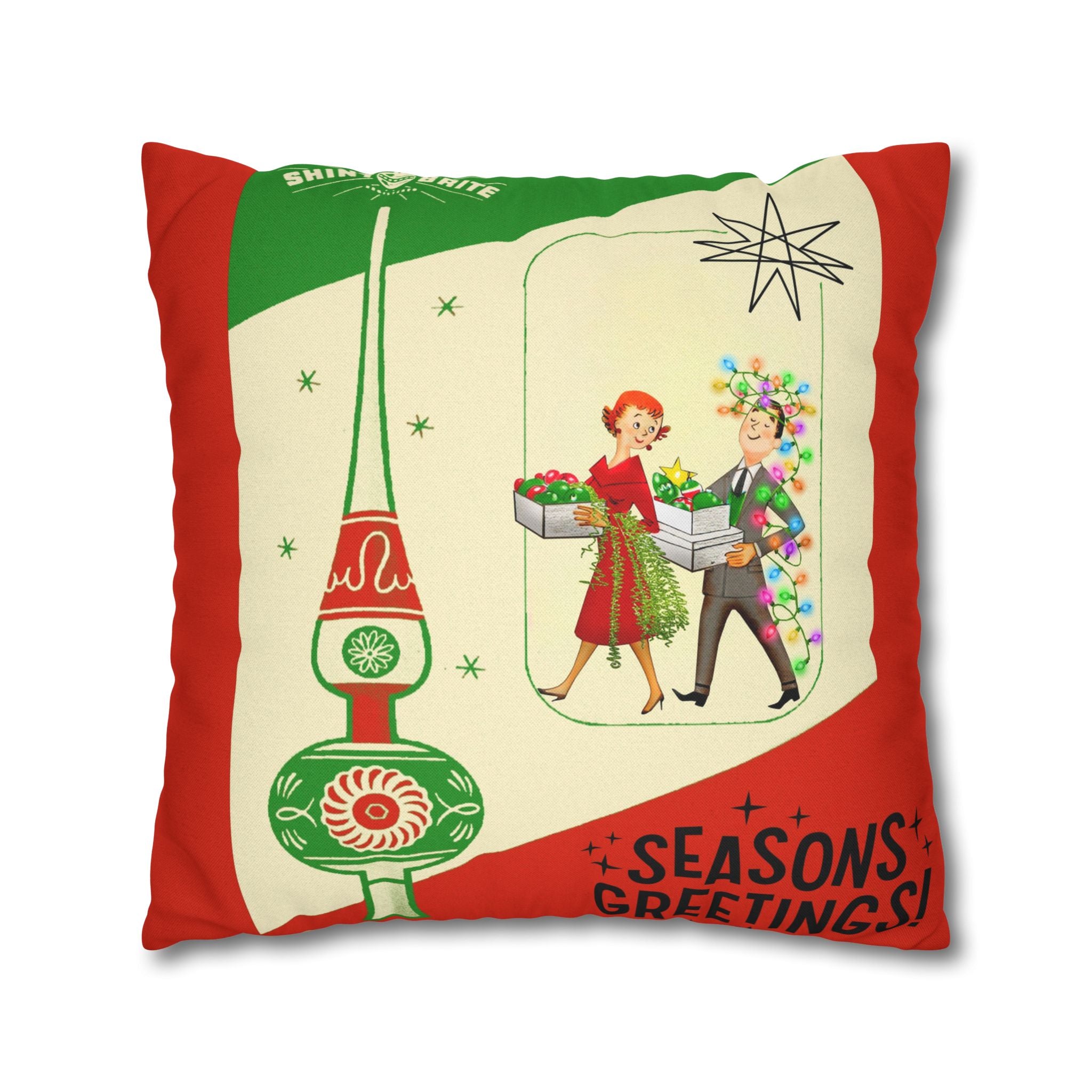 Shiny Brite Holiday Pillow Cover, Mid Century Modern Kitschy Couple Season Greetings - Mid Century Modern Gal