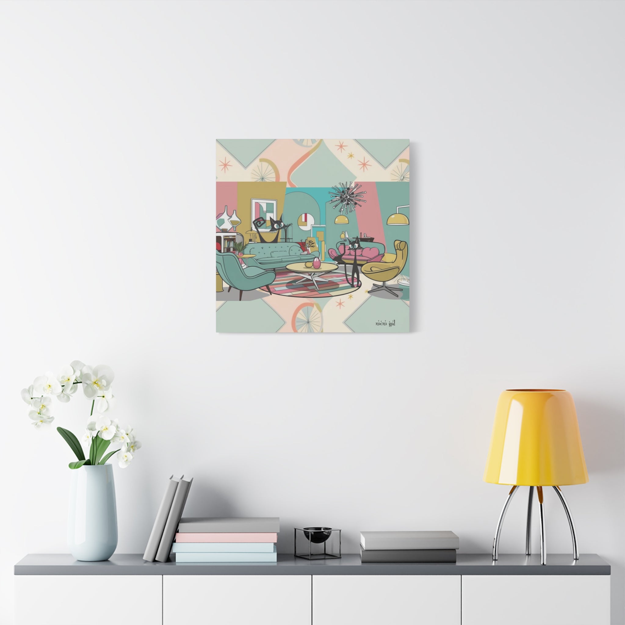 Mid-Century Modern Atomic Cat Kitschy Mod Living Room, Aqua, Pink, Starburst Original Art By MCM GAL - Mid Century Modern Gal