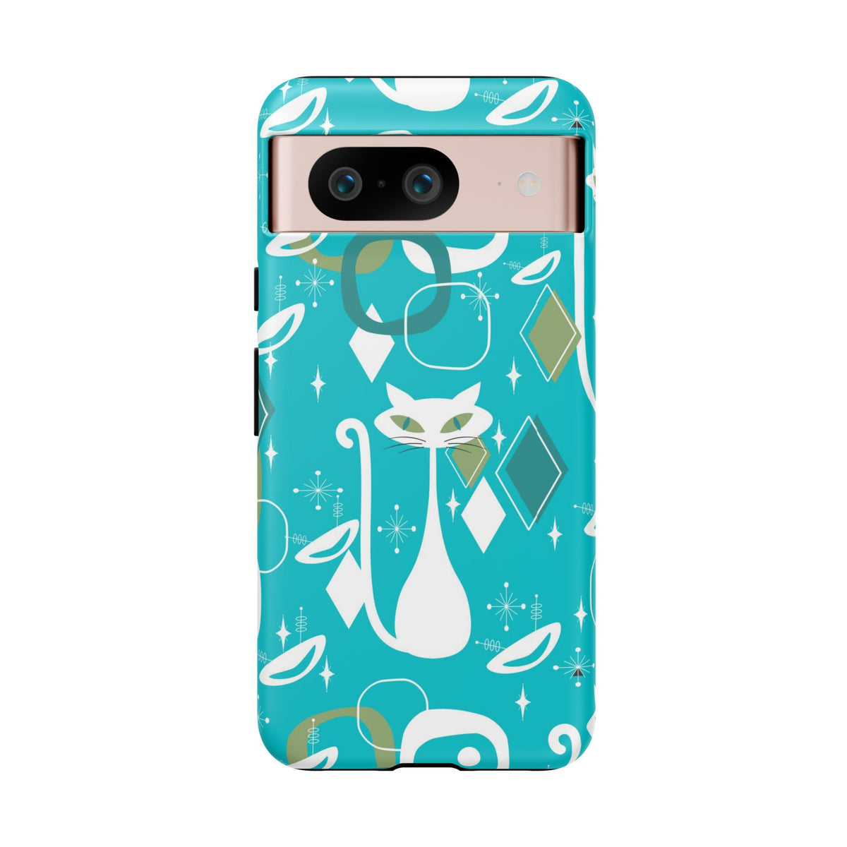 Atomic Cat Space Designs, Mid Century Modern, Aqua, White Kitschy Cat Tough Phone Case