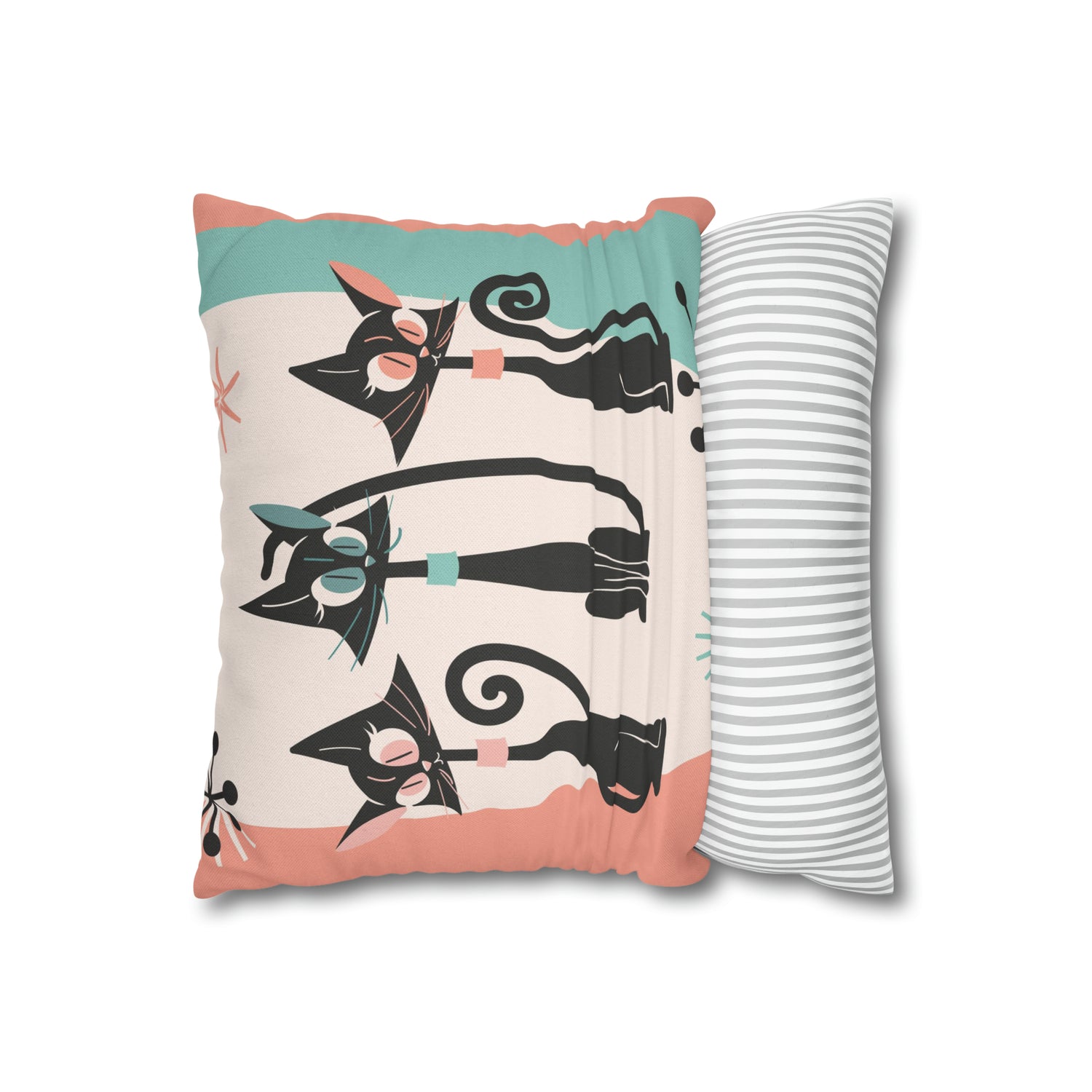 Atomic Cat Pillow, Kitschy 50s Mid Century Modern Style, Coral, Aqua, Creamy Beige, Retro MCM Atomic Home Living Pillow COVER - Mid Century Modern Gal