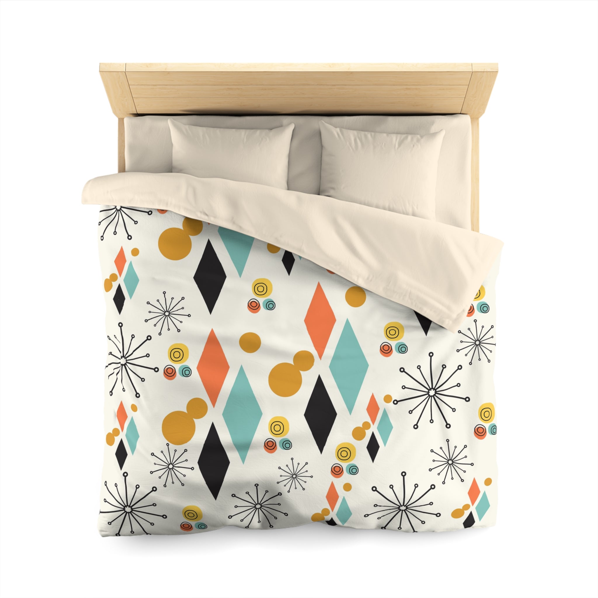 Mid Century Modern Bedding, Atomic Diamond, Sputnik,Beige, Aqua, Coral,Mustard Yellow, Retro Mod Duvet Covers - Mid Century Modern Gal