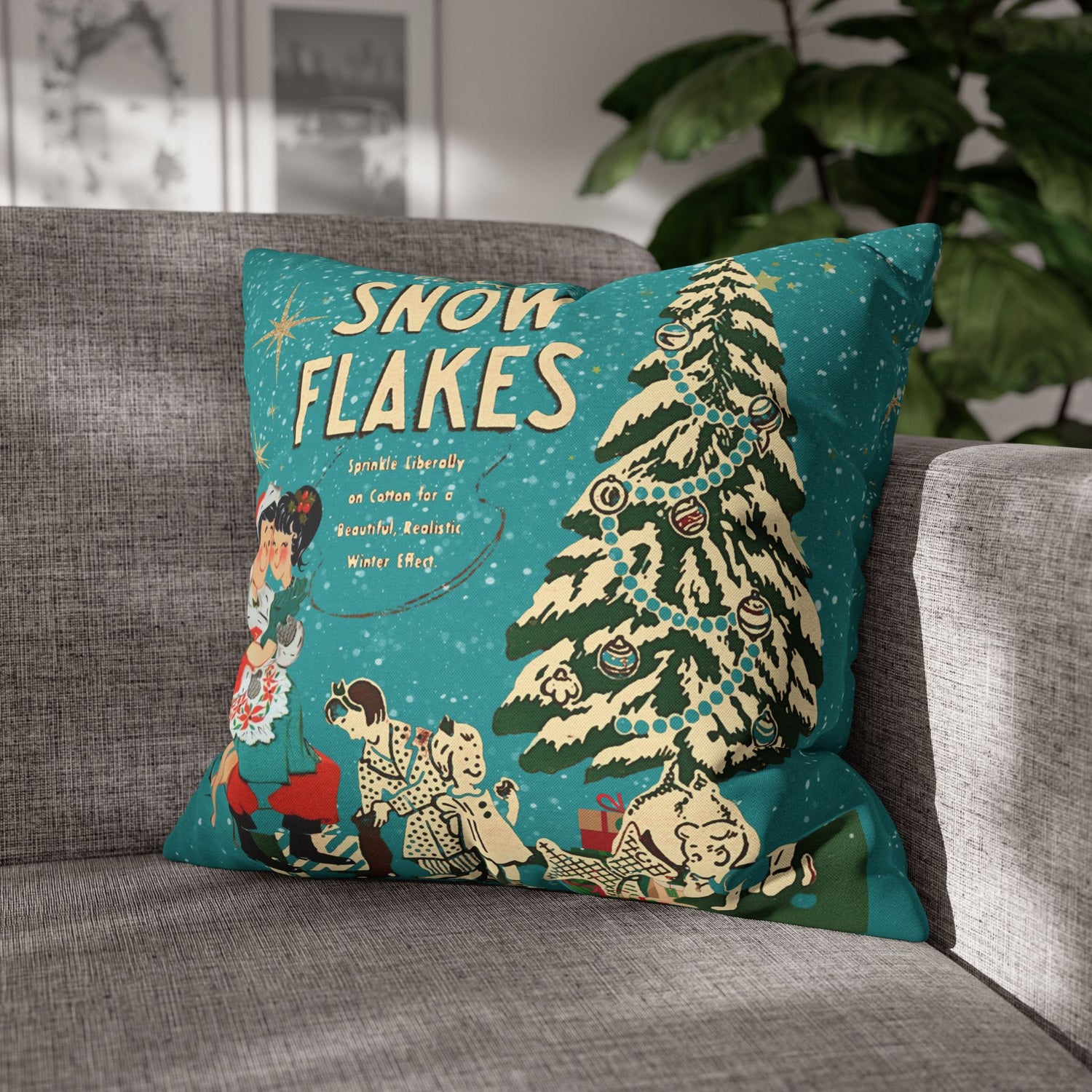 50s Mica Snow Christmas Pillow, Kitschy Mod Couple, Festive Fun Pillow Cover - Mid Century Modern Gal