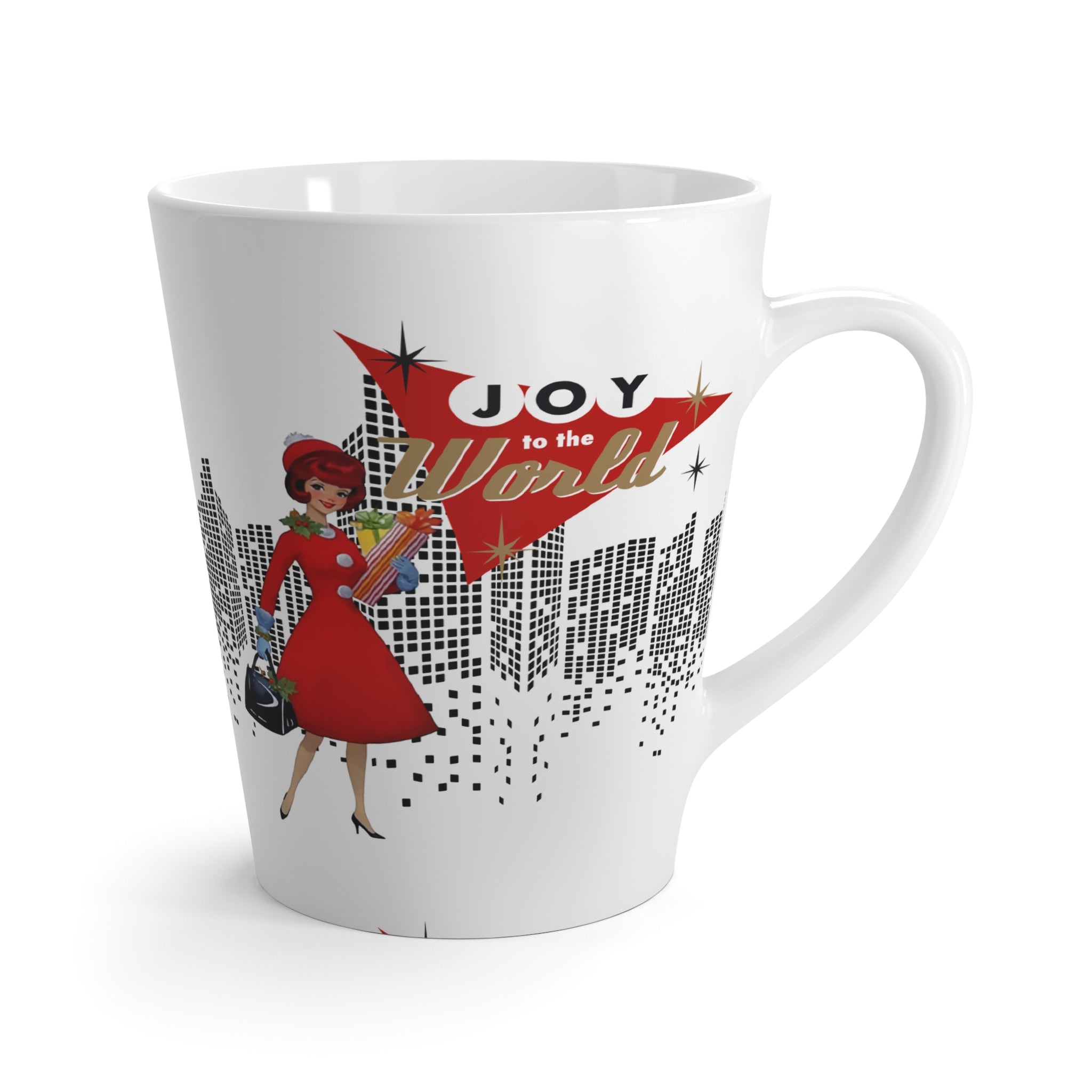 Holiday Kitschy Mod Gal, Mid Century Modern Christmas Vintage Inspired Joy to the World Latte Mug - Mid Century Modern Gal
