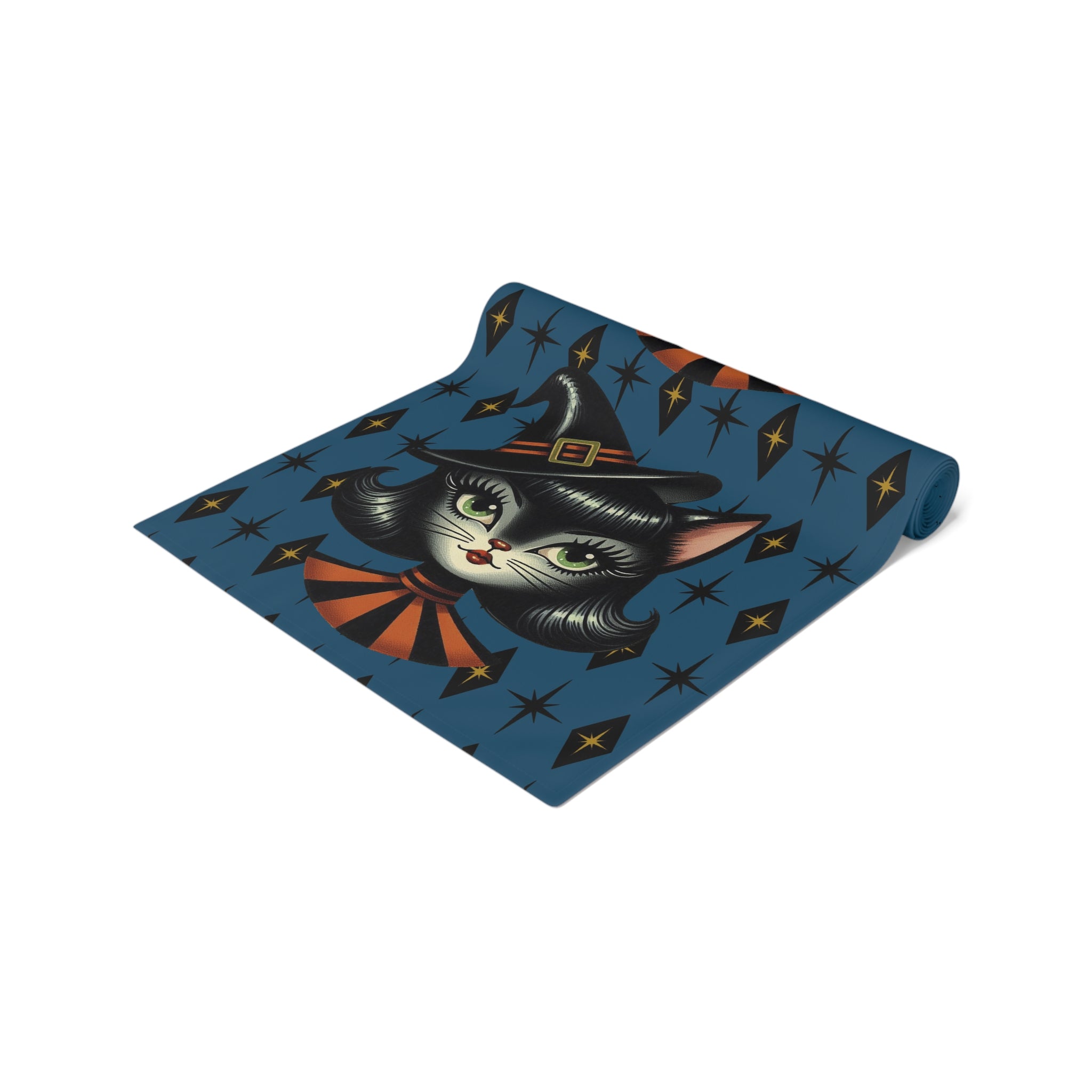 Vintage Halloween Black Cat Sexy Sexton Mid Century Modern Blue Table Runner - Mid Century Modern Gal