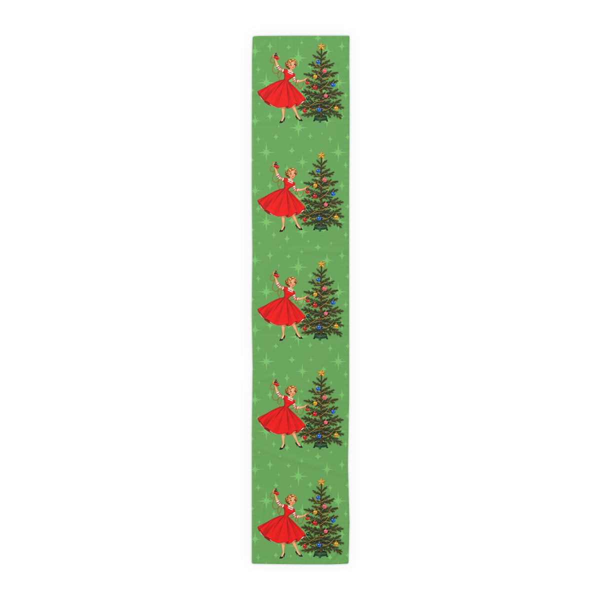 Mid Century Modern Gal Decorating Christmas Tree, Green Atomic Starbursts Table Runner