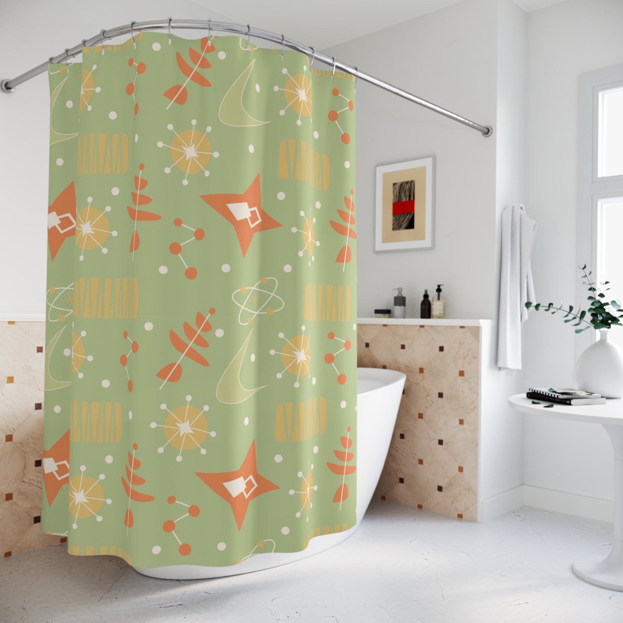 Mid Century Modern Atomic Space, Orange Green Yellow Retro Starburst Shower Curtain - Mid Century Modern Gal