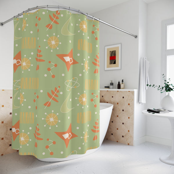 Mid Century Modern Atomic Space, Orange Green Yellow Retro Starburst Shower Curtain