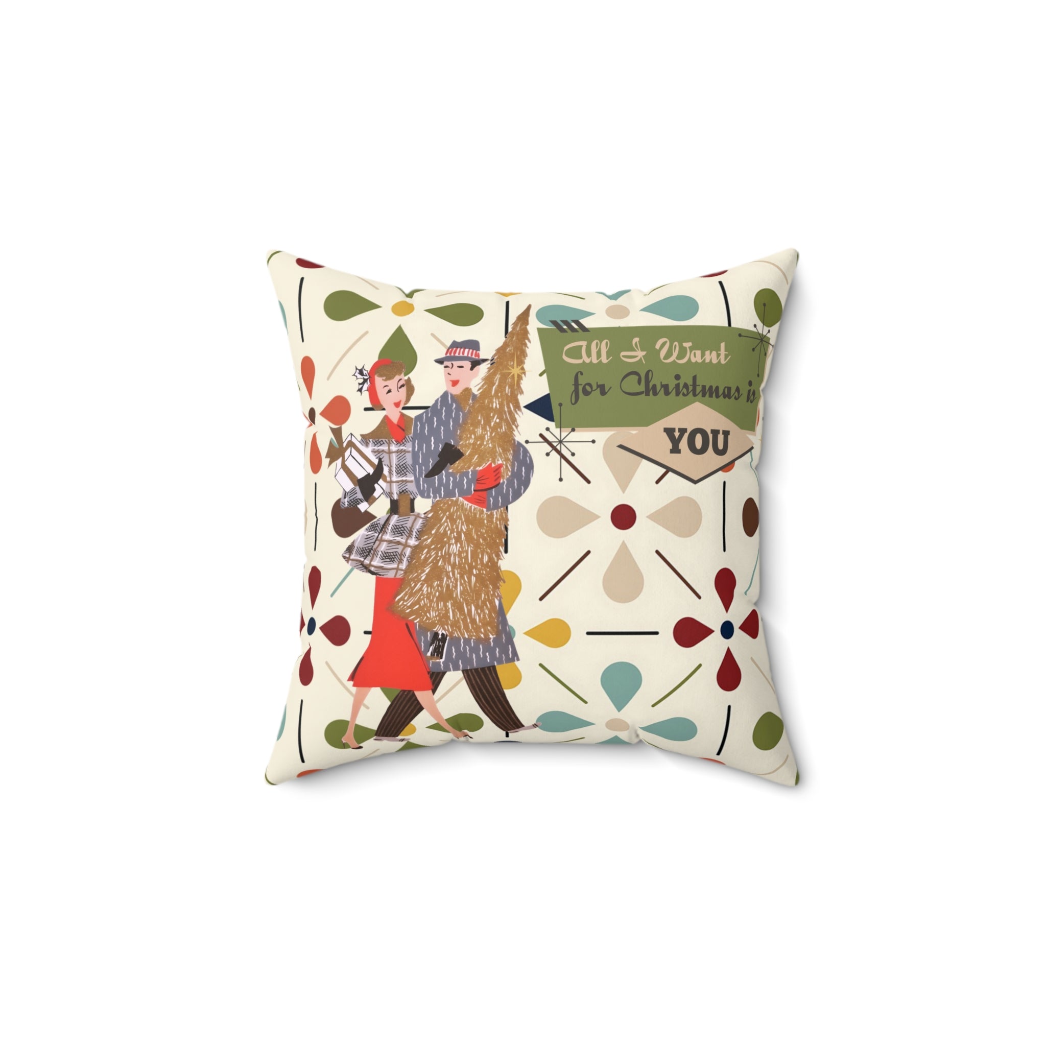 All I Want for Christmas Is You Vintage 50s Kitsch Couple Holiday Decorative Pillow - Mid Century Modern Gal