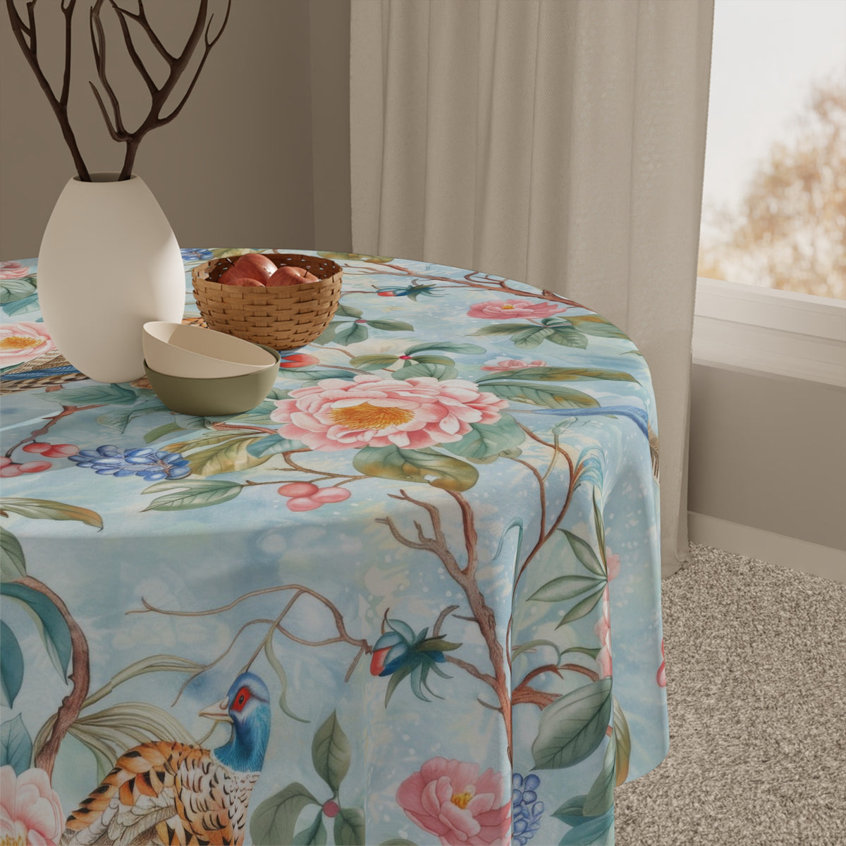 Chinoiserie Tablecloth Elegant Floral Bird Design - Perfect for Dining, Events, and Celebrations - Mid Century Modern Gal