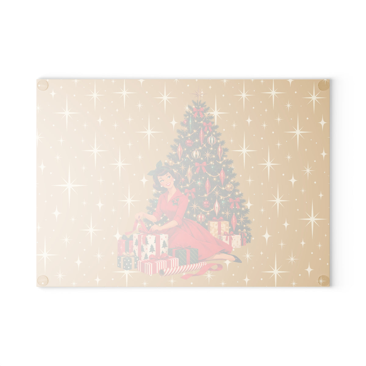 Mid Century Modern Christmas Glamour Gal Wrapping Presents by Tree, Gold Atomic Starbursts Glass Cutting Board