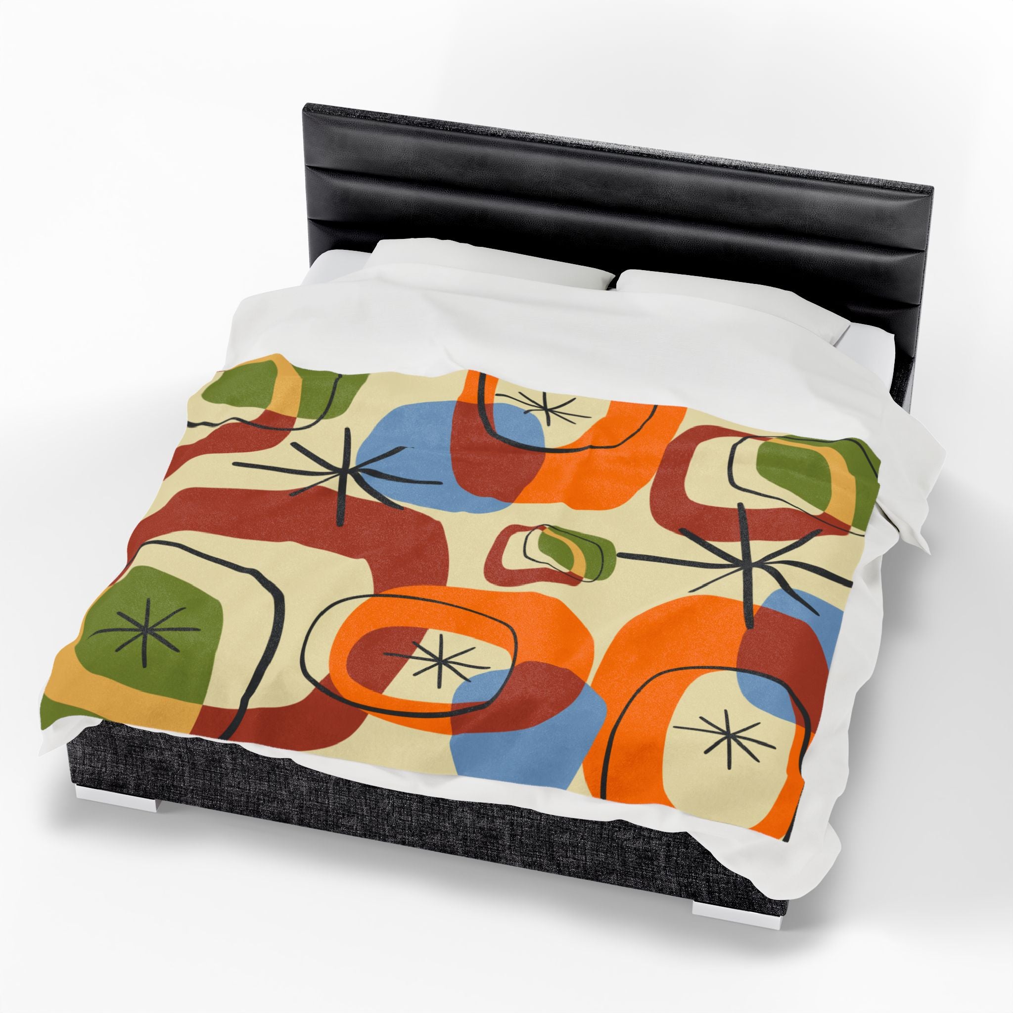 Retro Geo Pattern THIN Cozy, Warm Mid Century Modern Groovy Green, Orange, Blue, Black, Light Beige Background Velveteen Plush Blanket - Mid Century Modern Gal
