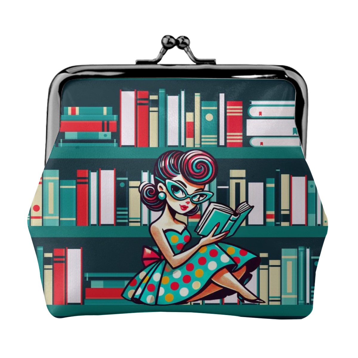 Retro Gal Book Lover, Kitschy Mod Coin Purse for Women - Mid Century Modern Gal