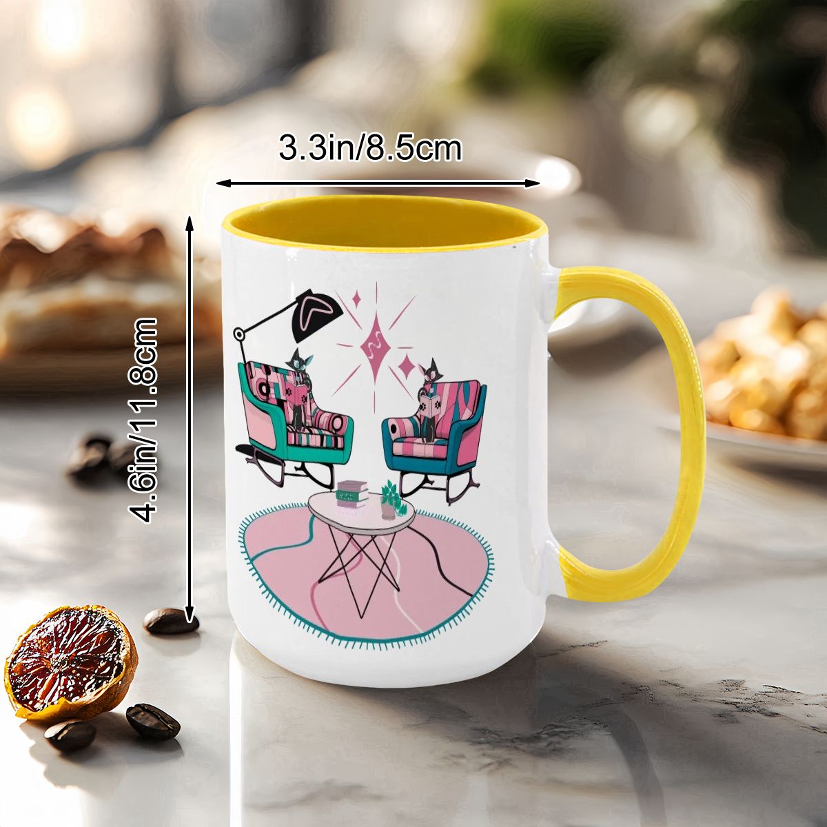 Colorful 15oz mug featuring atomic reading cats in a mid-century modern setting with retro chairs and decor.