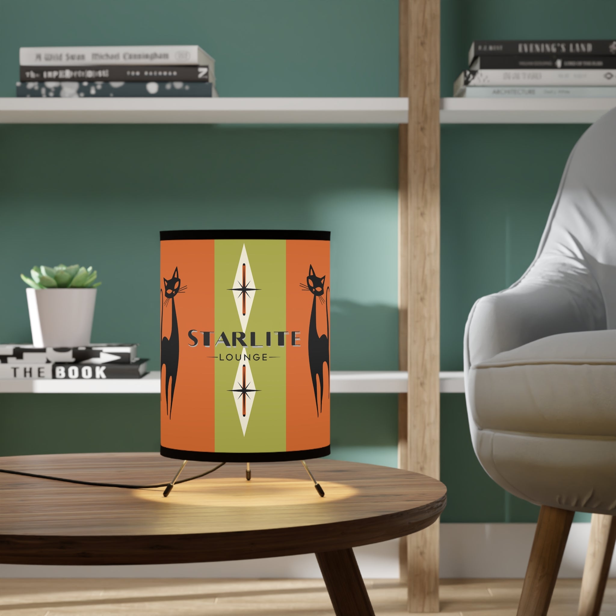 Mid-Century Modern Tripod Lamp For Home Bar, Orange Green Starburst with Cat Design - Starlite Lounge - Mid Century Modern Gal