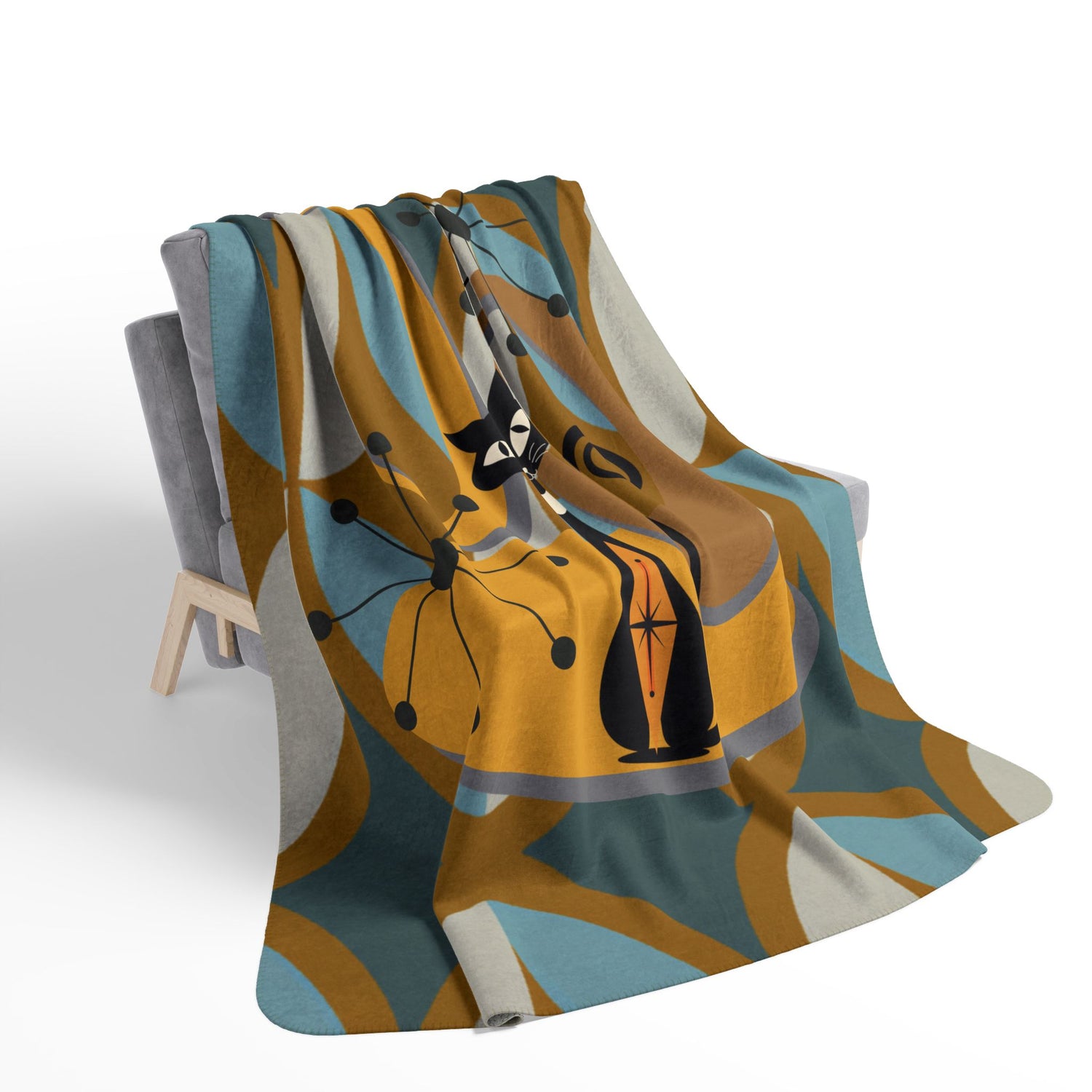 Mid Century Modern Atomic Cat, Retro Diamond Fleece Sherpa Blanket - Mid Century Modern Gal