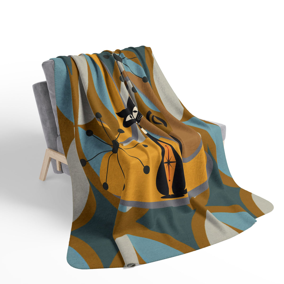 Mid Century Modern Atomic Cat, Retro Diamond Fleece Sherpa Blanket - Mid Century Modern Gal