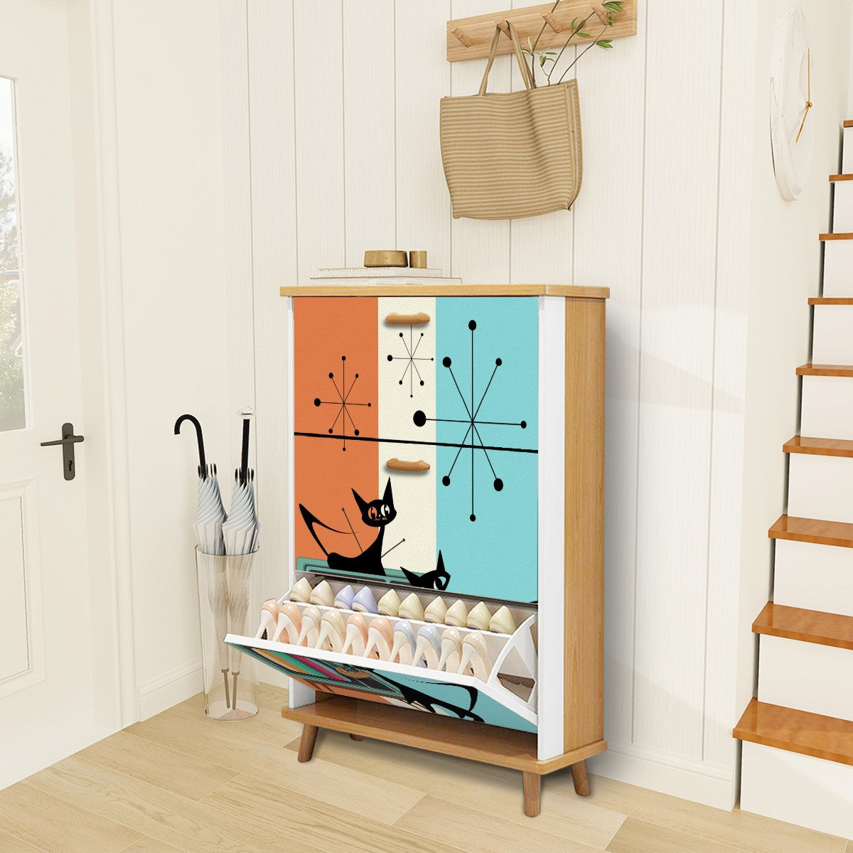 Atomic Cat Mid Century Modern Designed Kitschy Mod Fun Quirky Shoe Cabinet - Mid Century Modern Gal