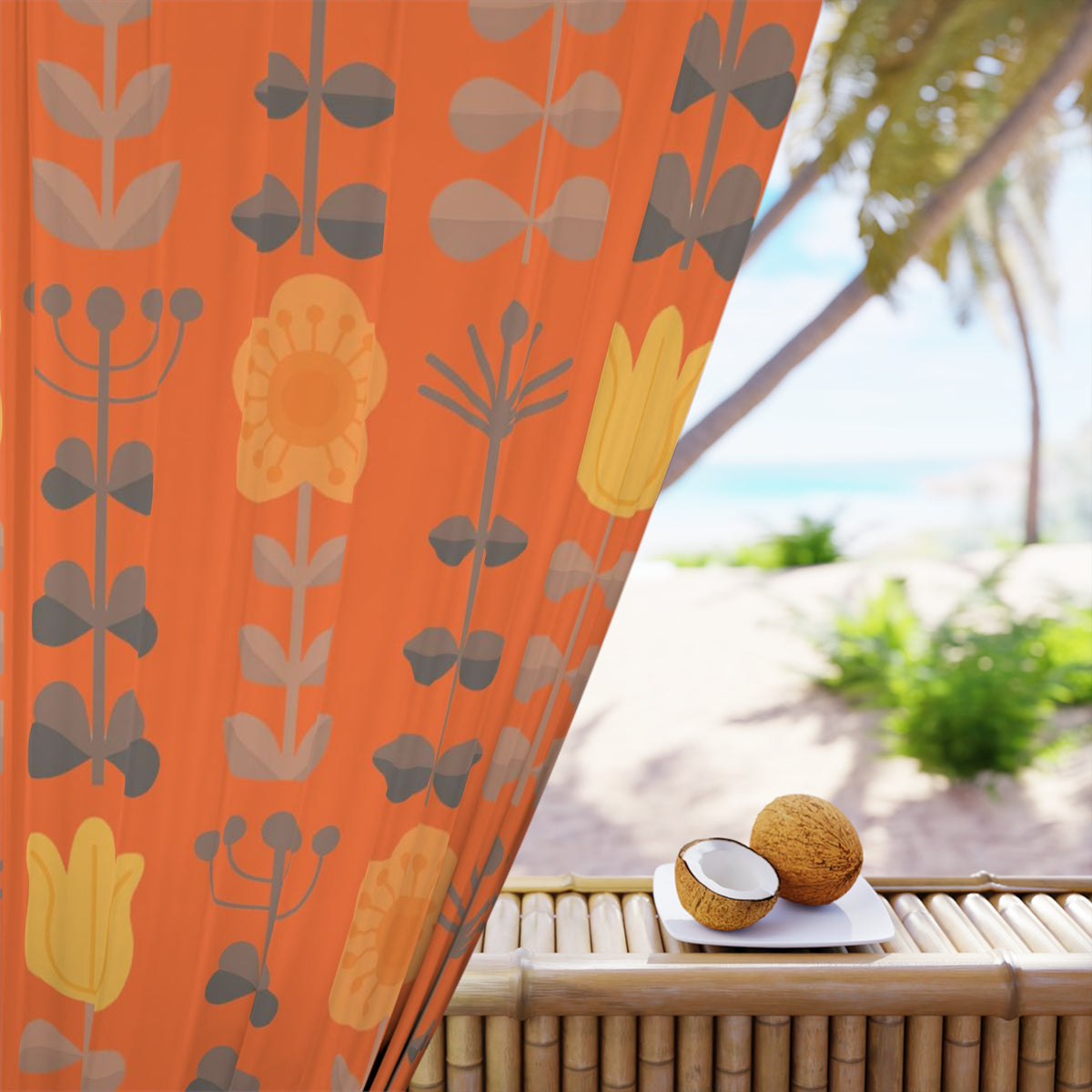 Scandinavian Curtains, Modern Danish, Nordic, Hygge, Orange, Yellow, Retro Folk Art Flowers, Floral Blackout Window Curtains - Mid Century Modern Gal