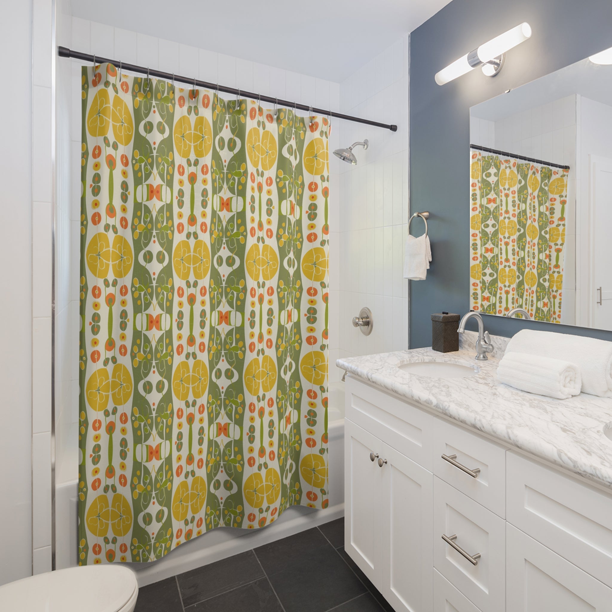 Summer Citrus Green, Yellow, Mid Mod Bathroom Shower Curtain - Mid Century Modern Gal