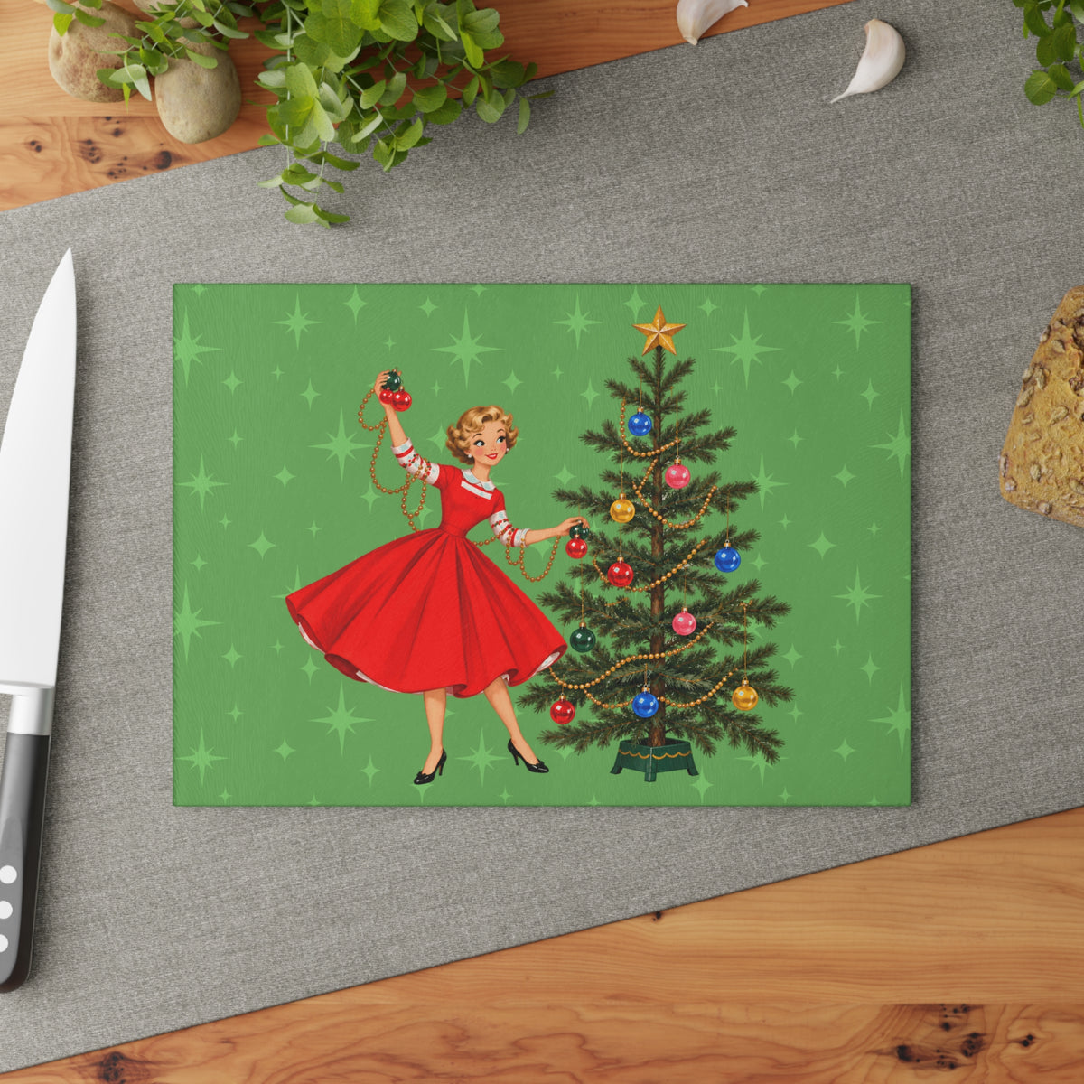 Mid Century Modern Gal Decorating Christmas Tree, Green Atomic Starbursts Glass Cutting Board