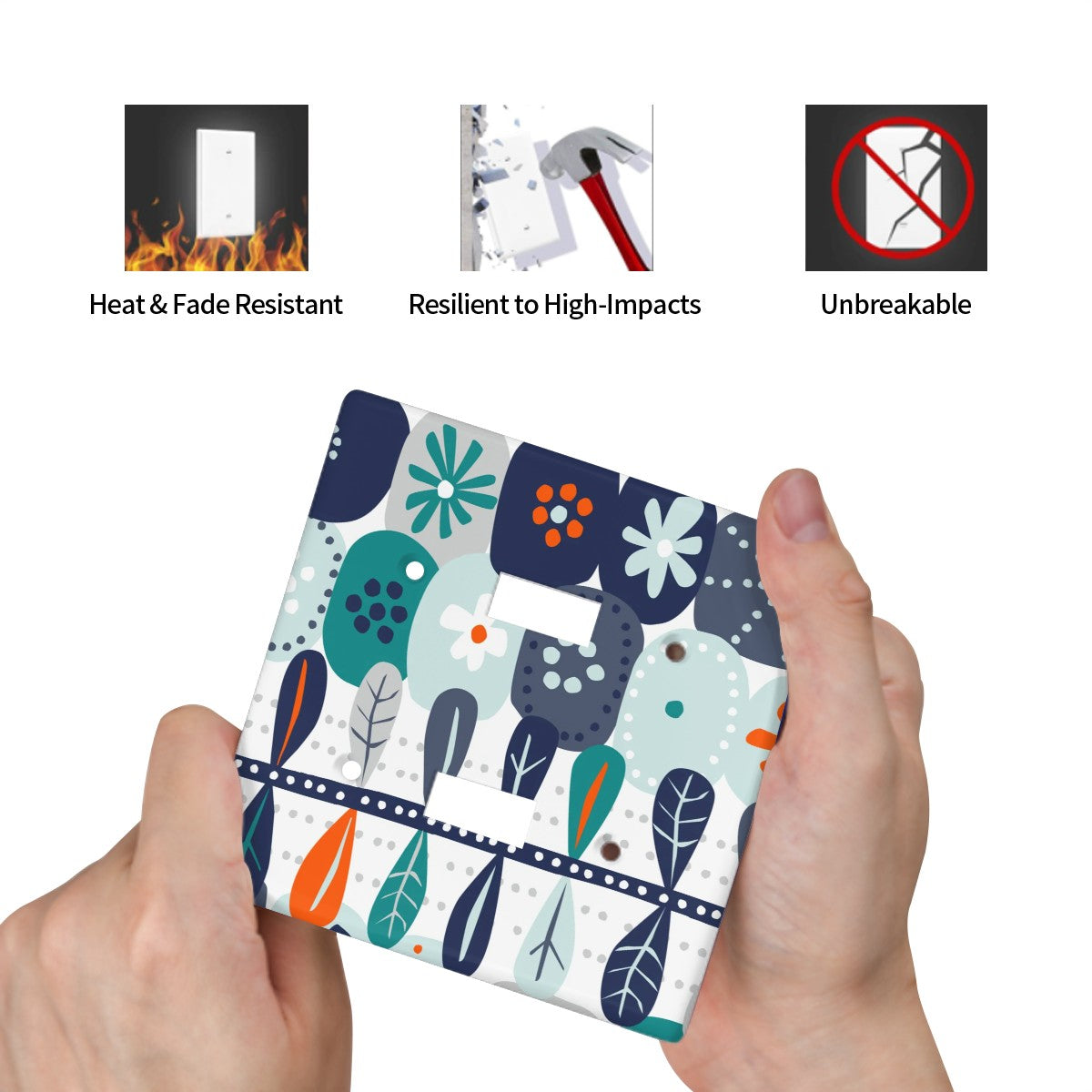 Modern Danish Scandinavian Floral Designed Blue, Teal, Orange White Switch Cover 2-Gang 2 Toggle - Mid Century Modern Gal