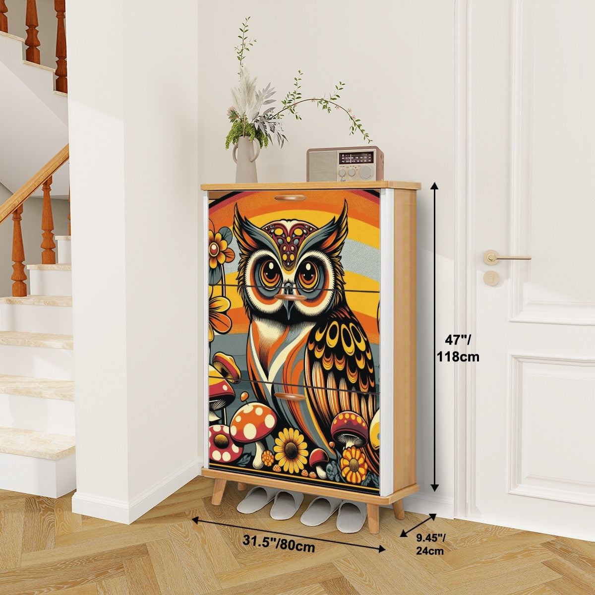 1970s Owl Decor, Mushroom And Floral, Groovy Mid Mod Shoe Storage Cabinet - Mid Century Modern Gal
