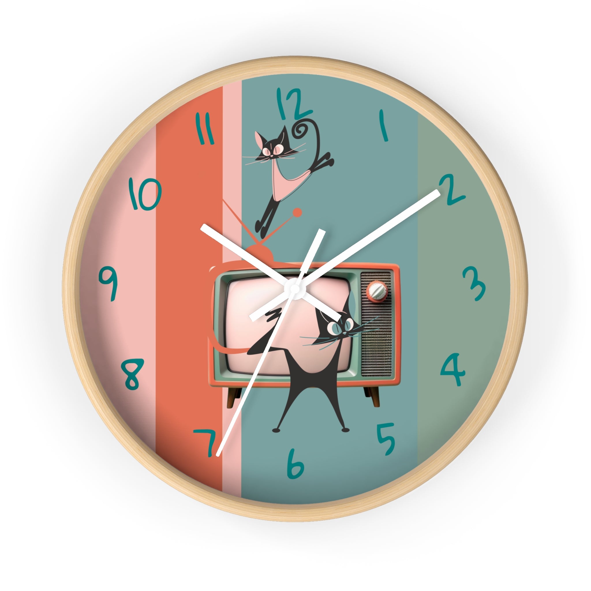 Atomic Cat Wall Clock, Mid Century Modern TV, Kitschy Black Cats, Whimsical Retro Cat Mom Gift For Bedroom, Livingroom, Kitchen - Mid Century Modern Gal