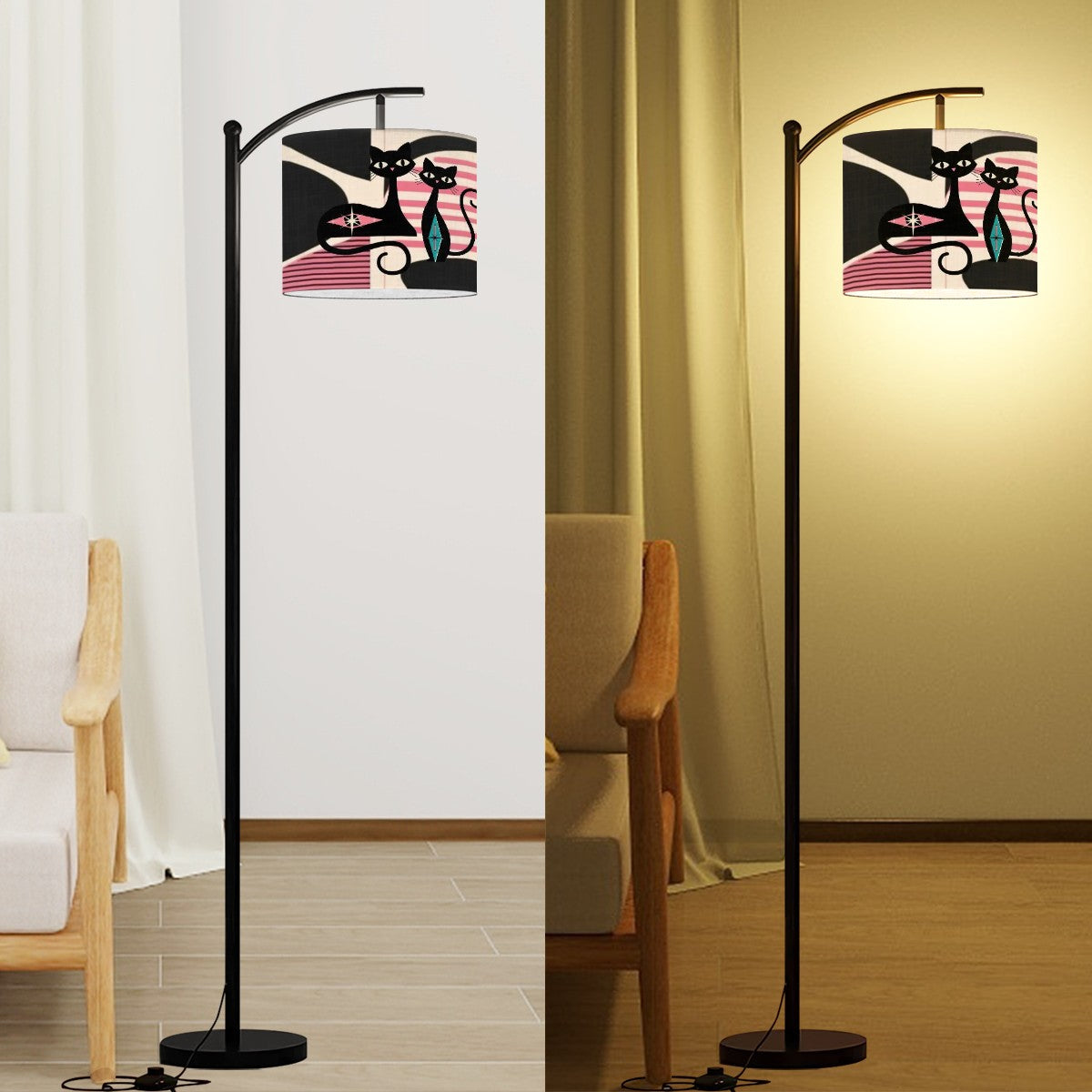 Atomic Cat Mid ModArc Floor Lamp, Pink, Black Cream Retro MCM Design - Mid Century Modern Gal