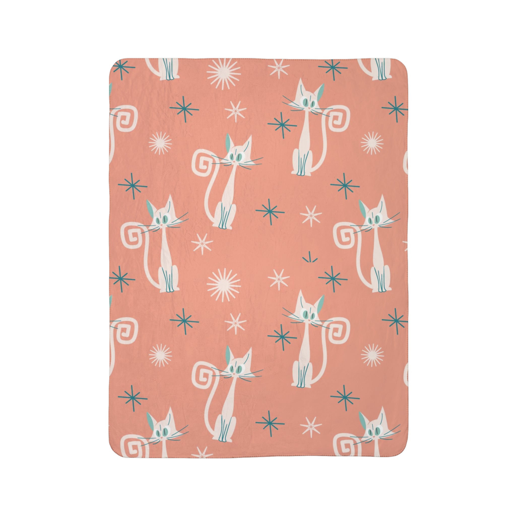 Cozy Cat, Atomic Cats, Coral, Teal Starburst Mid Century Modern Fleece Sherpa Blanket - Mid Century Modern Gal