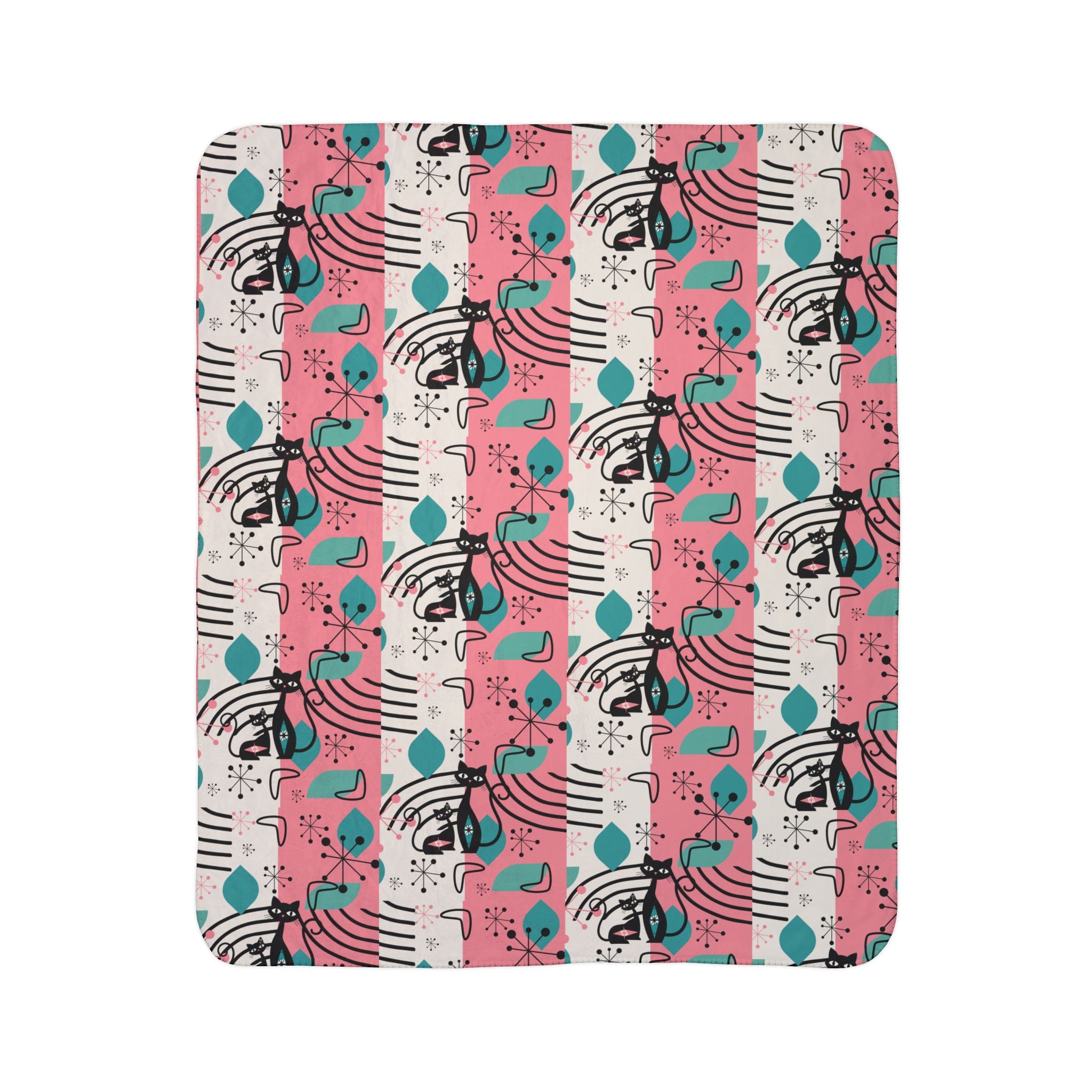 Mid-Century Modern Atomic Cat Pink Teal Retro Cat Fleece Sherpa Blanket - Cozy & Stylish - Mid Century Modern Gal