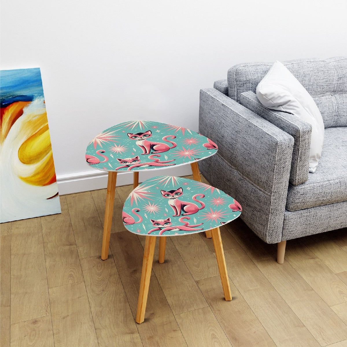 Atomic Aqua Pink Starburst Mid Century Modern Nesting Tables, Kitschy Pink Kitties - Mid Century Modern Gal